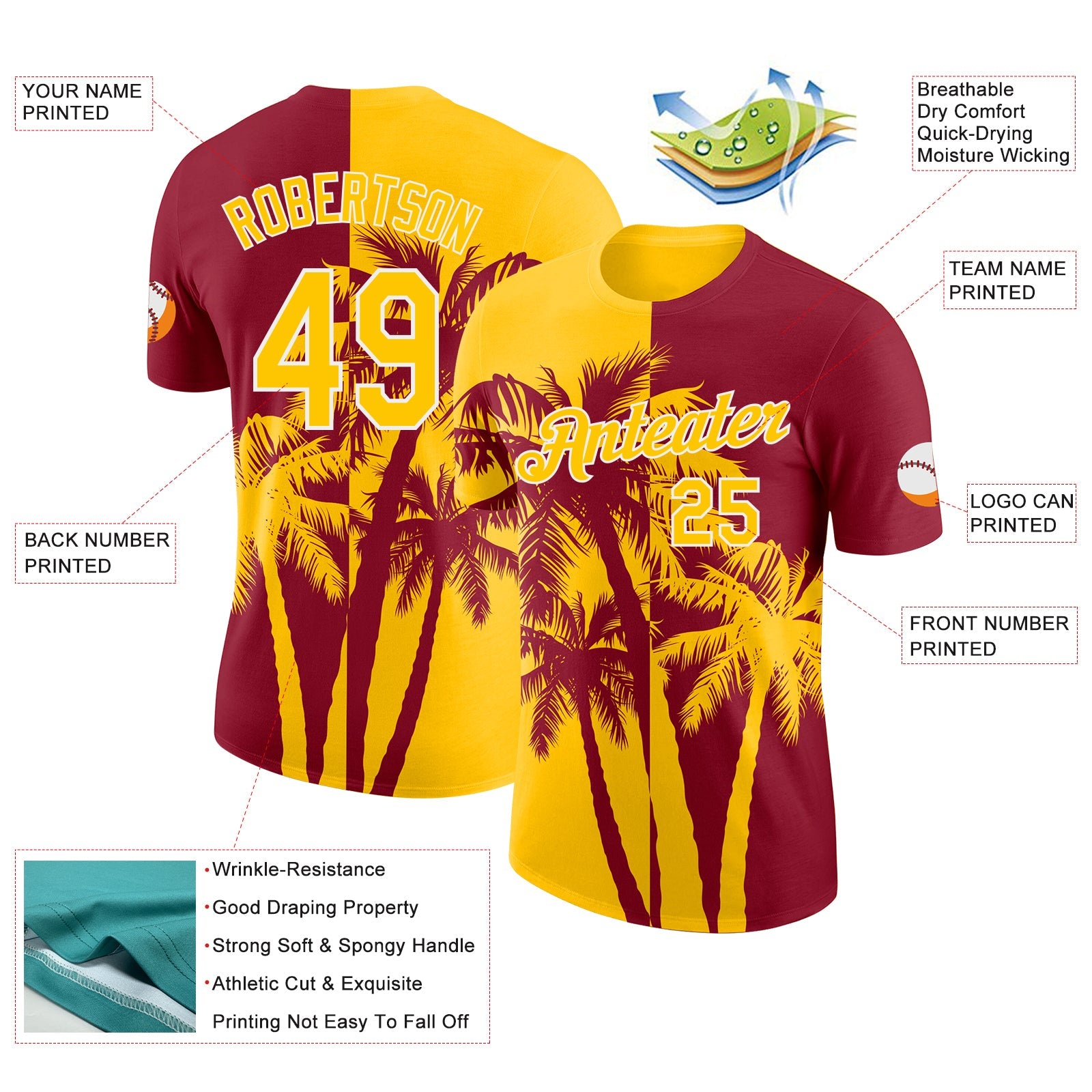 Custom Crimson Yellow-White Hawaii Tropical Coastal Palm Trees Performance T-Shirt view 2