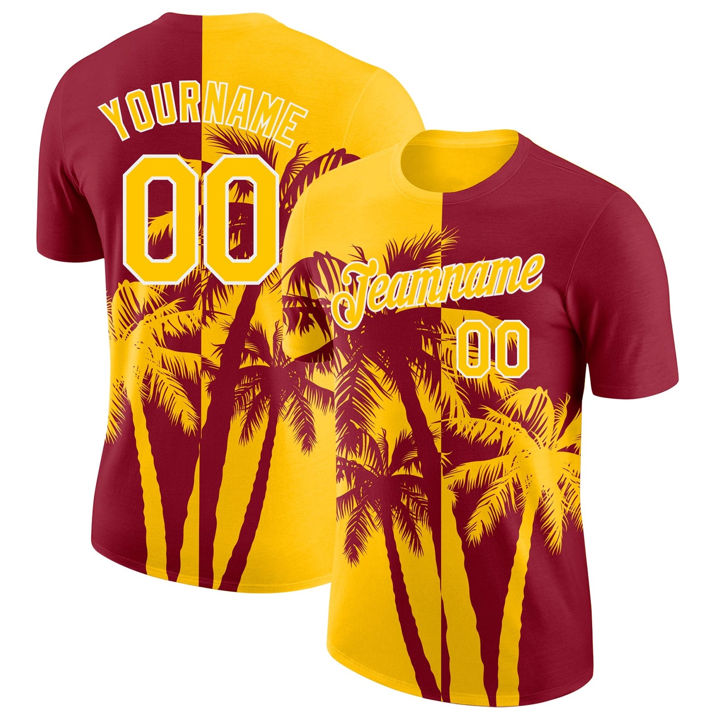 Custom Crimson Yellow-White Hawaii Tropical Coastal Palm Trees Performance T-Shirt - Main View