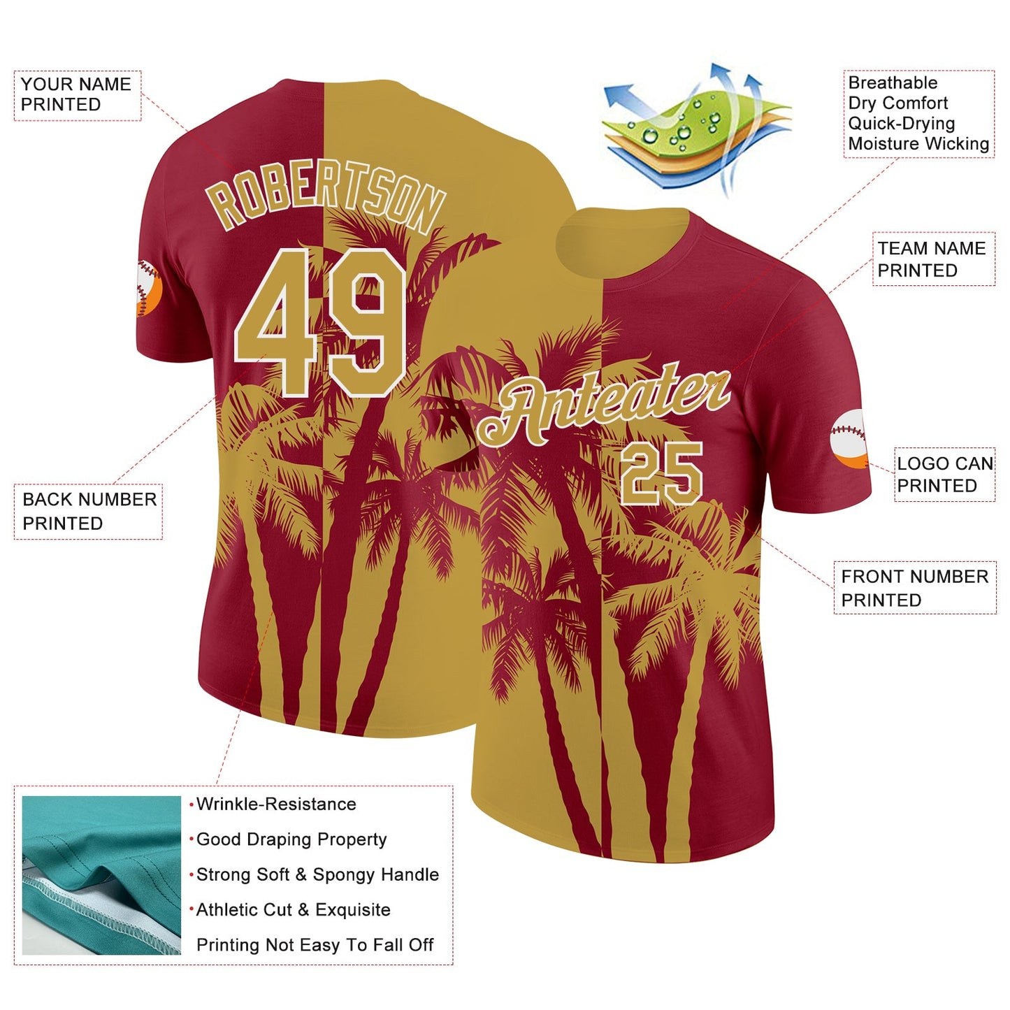 Custom Crimson Old Gold-White Hawaii Tropical Coastal Palm Trees Performance T-Shirt view 2