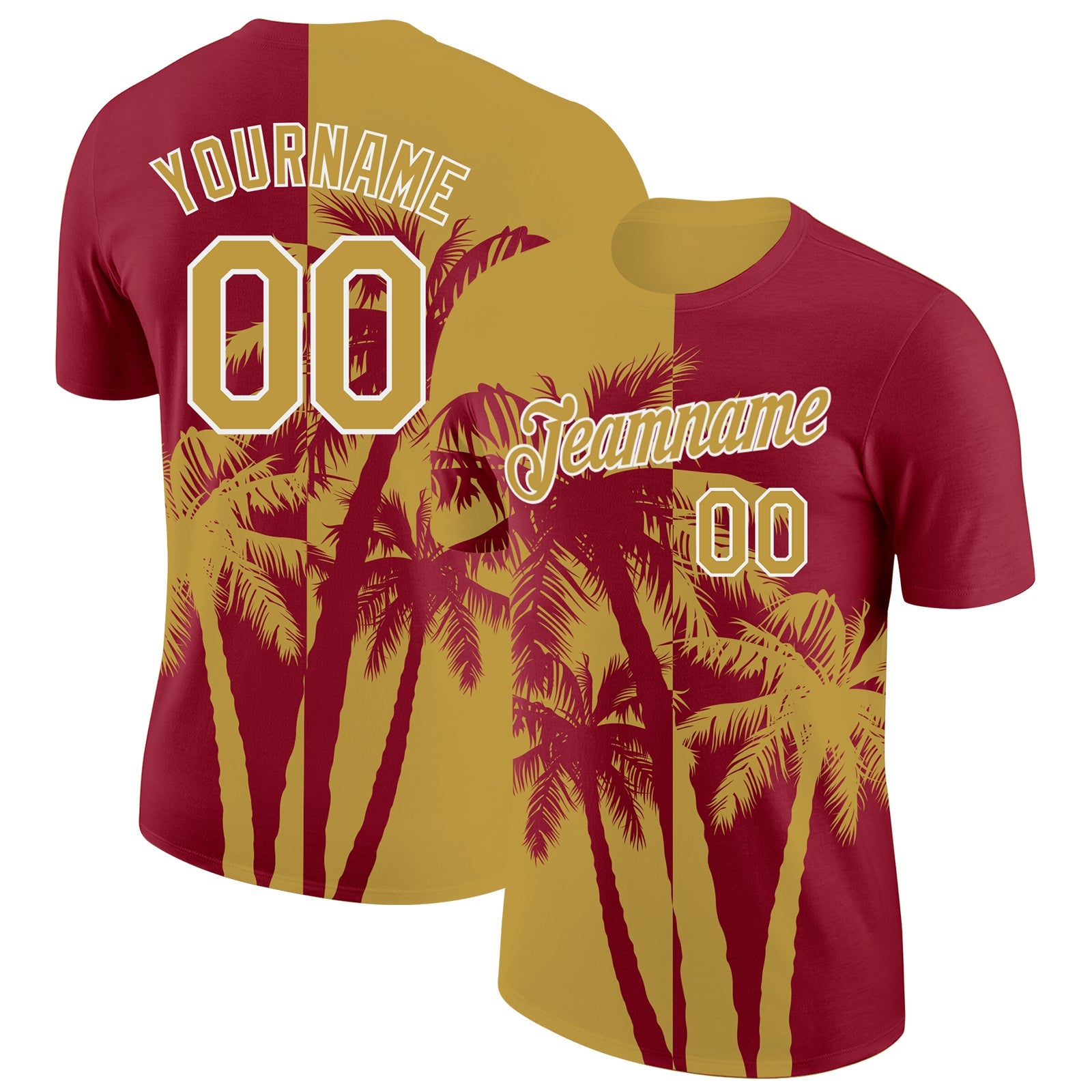 Custom Crimson Old Gold-White Hawaii Tropical Coastal Palm Trees Performance T-Shirt - Main View