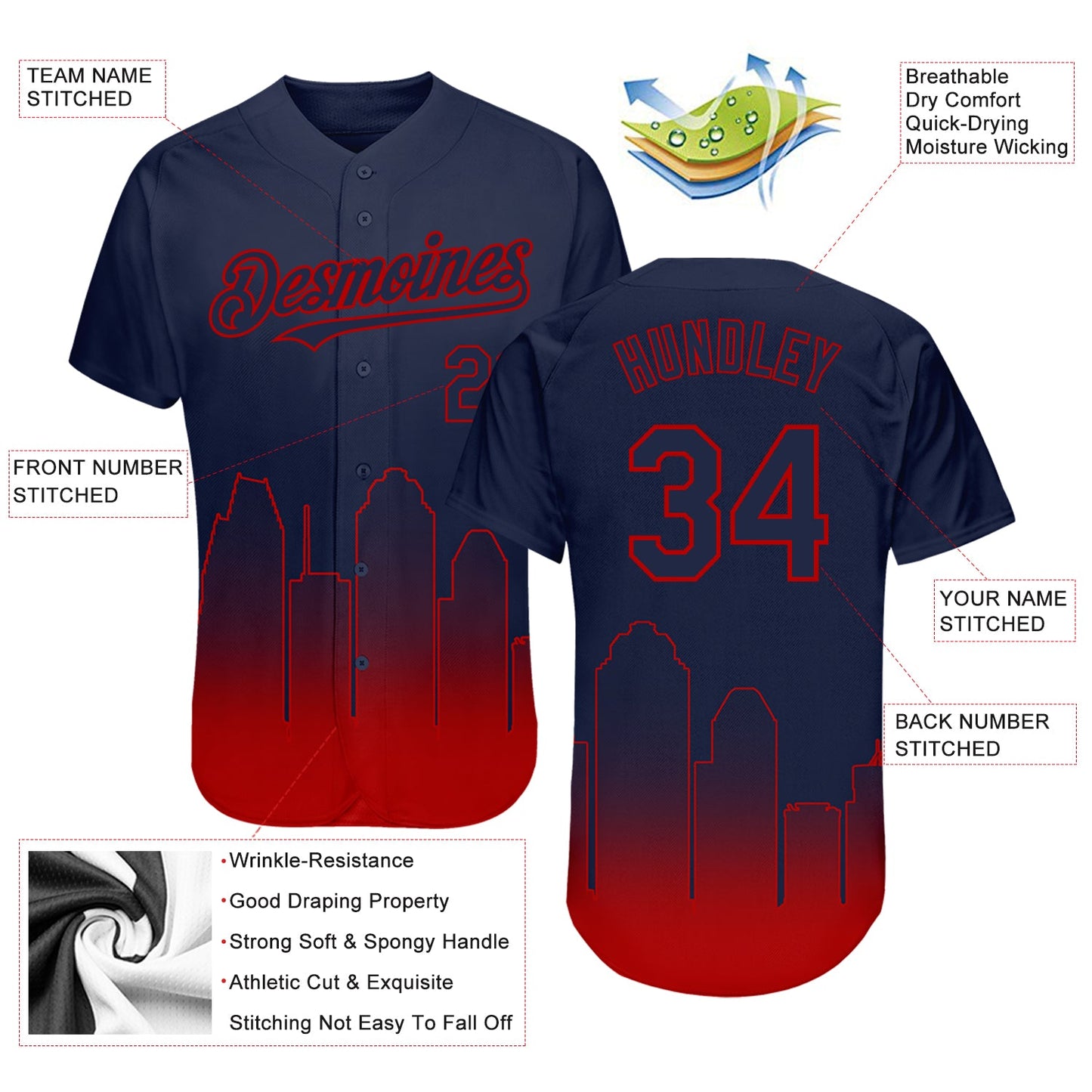 Custom Navy Red 3D Houston City Edition Fade Fashion Authentic Baseball Jersey view 3