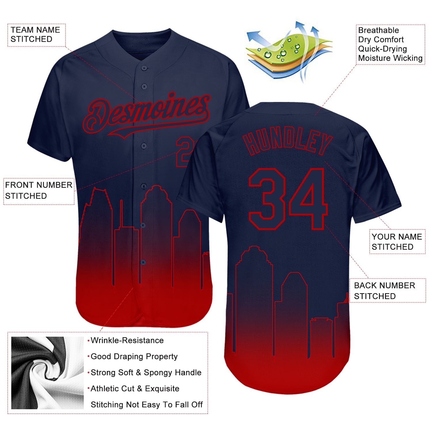 Custom Navy Red 3D Houston City Edition Fade Fashion Authentic Baseball Jersey view 3