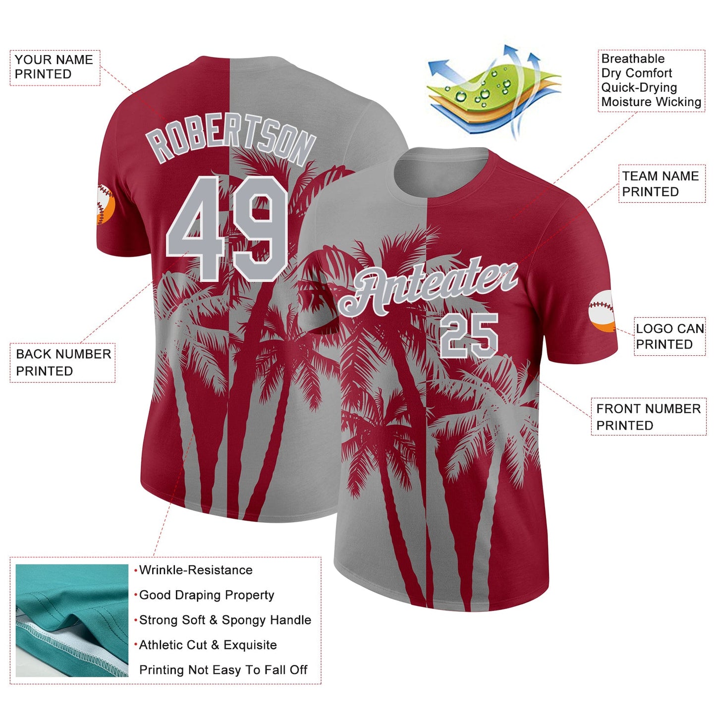 Custom Crimson Gray-White Hawaii Tropical Coastal Palm Trees Performance T-Shirt view 2