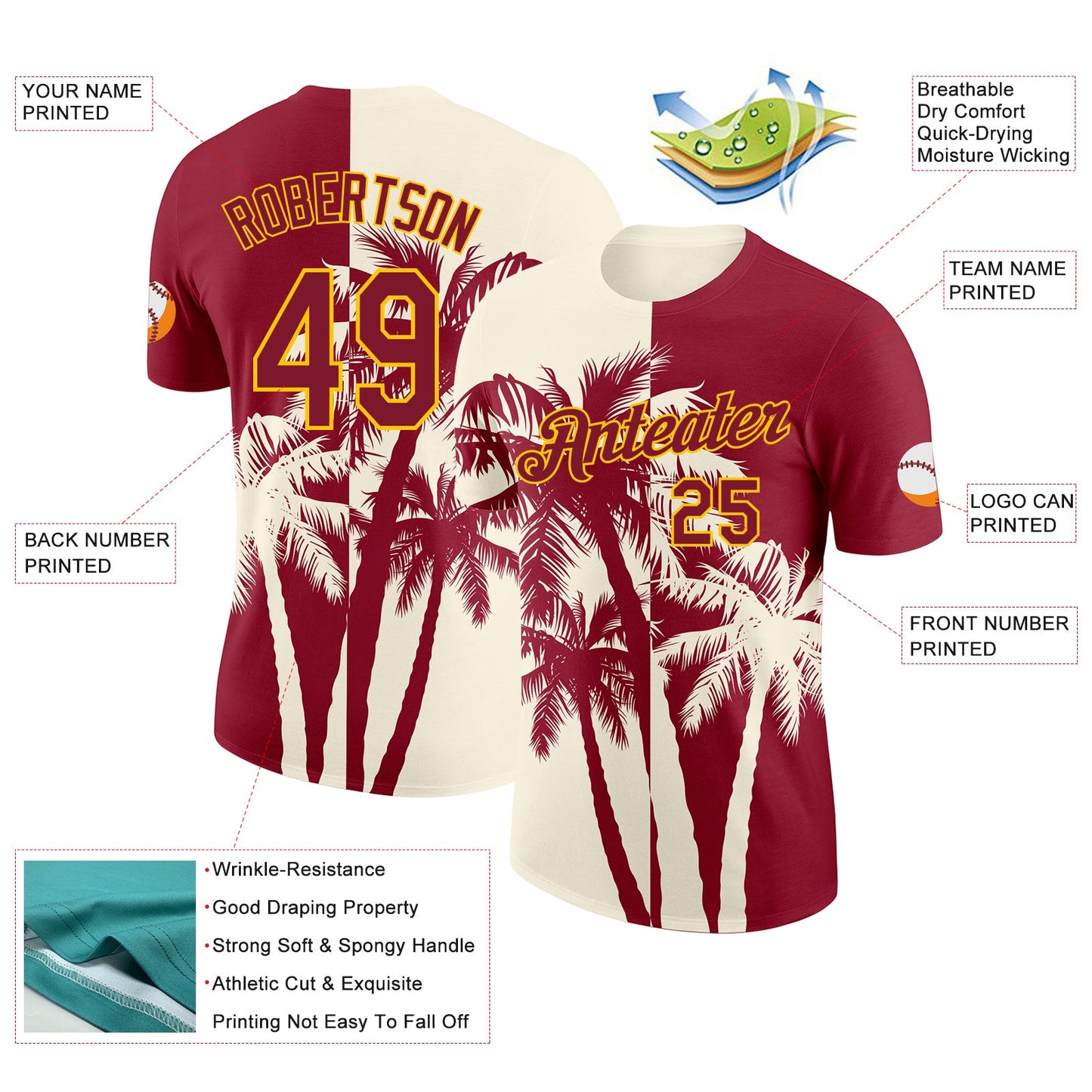 Custom Crimson Cream-Yellow Hawaii Tropical Coastal Palm Trees Performance T-Shirt view 2
