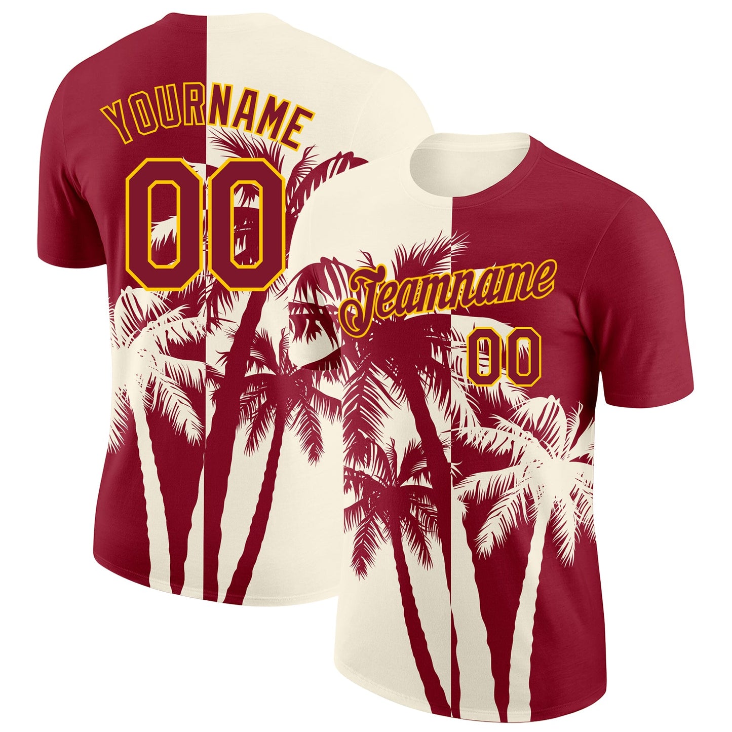 Custom Crimson Cream-Yellow Hawaii Tropical Coastal Palm Trees Performance T-Shirt - Main View