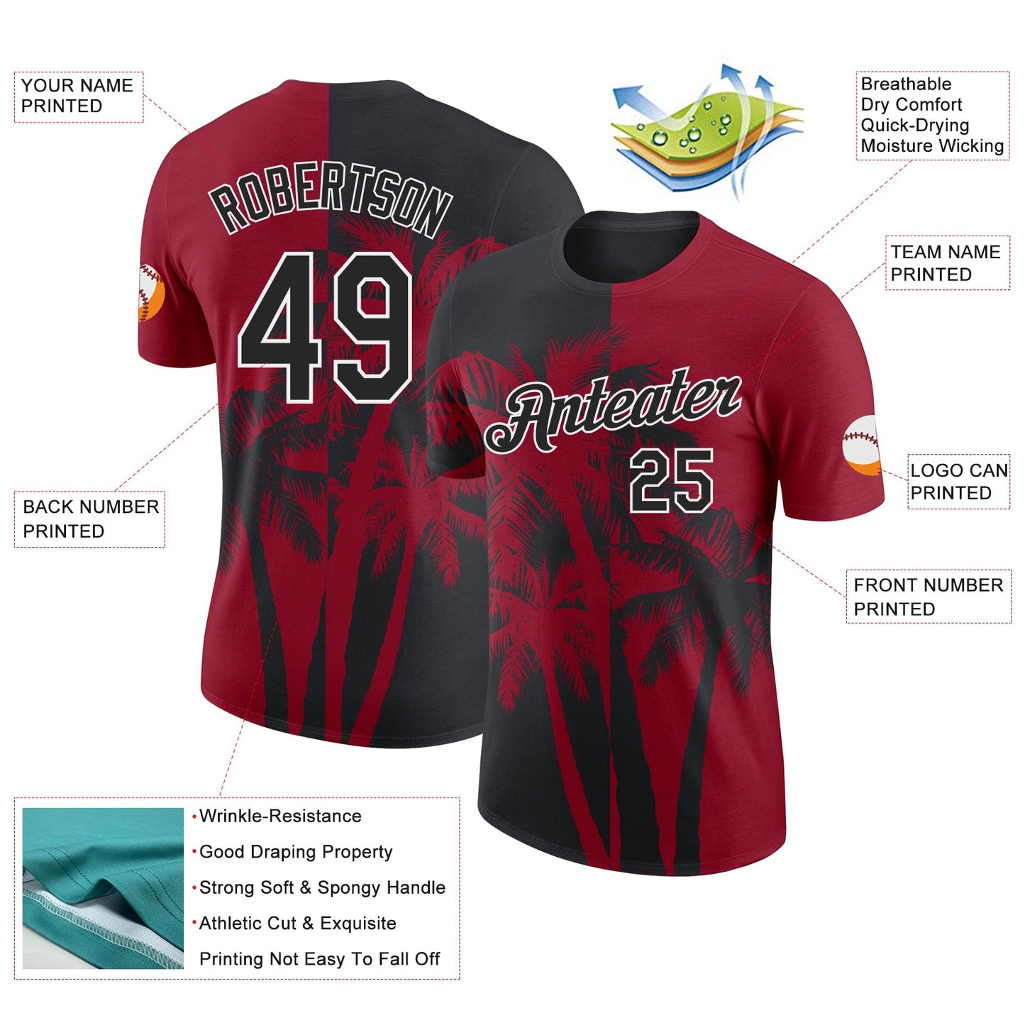 Custom Crimson Black-White Hawaii Tropical Coastal Palm Trees Performance T-Shirt view 2