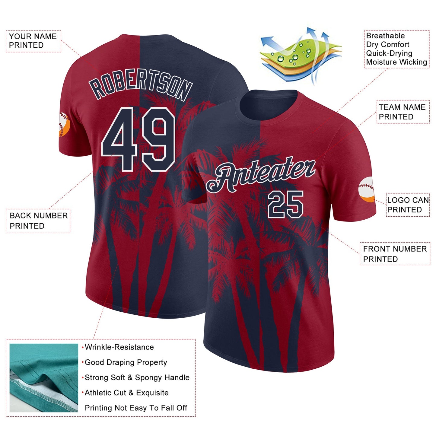 Custom Crimson Navy-White Hawaii Tropical Coastal Palm Trees Performance T-Shirt view 2