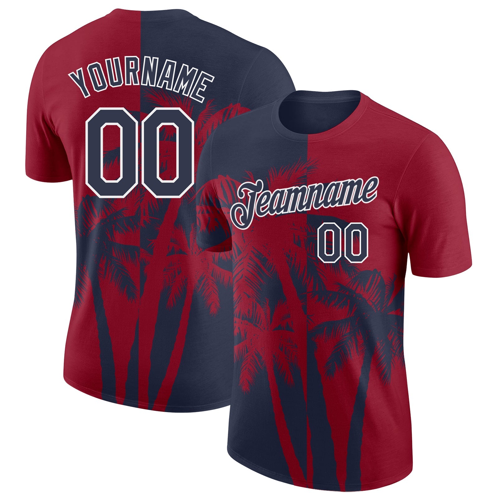 Custom Crimson Navy-White Hawaii Tropical Coastal Palm Trees Performance T-Shirt - Main View
