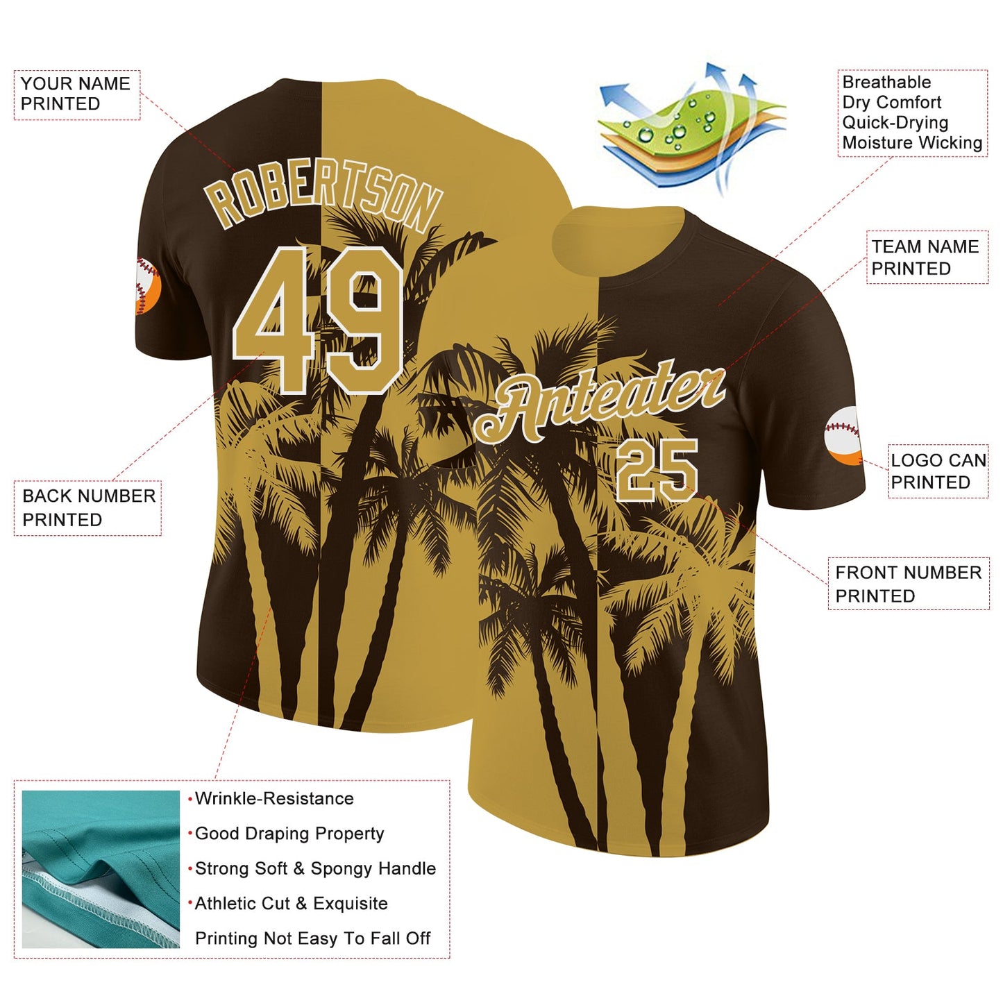 Custom Brown Old Gold-White Hawaii Tropical Coastal Palm Trees Performance T-Shirt view 2