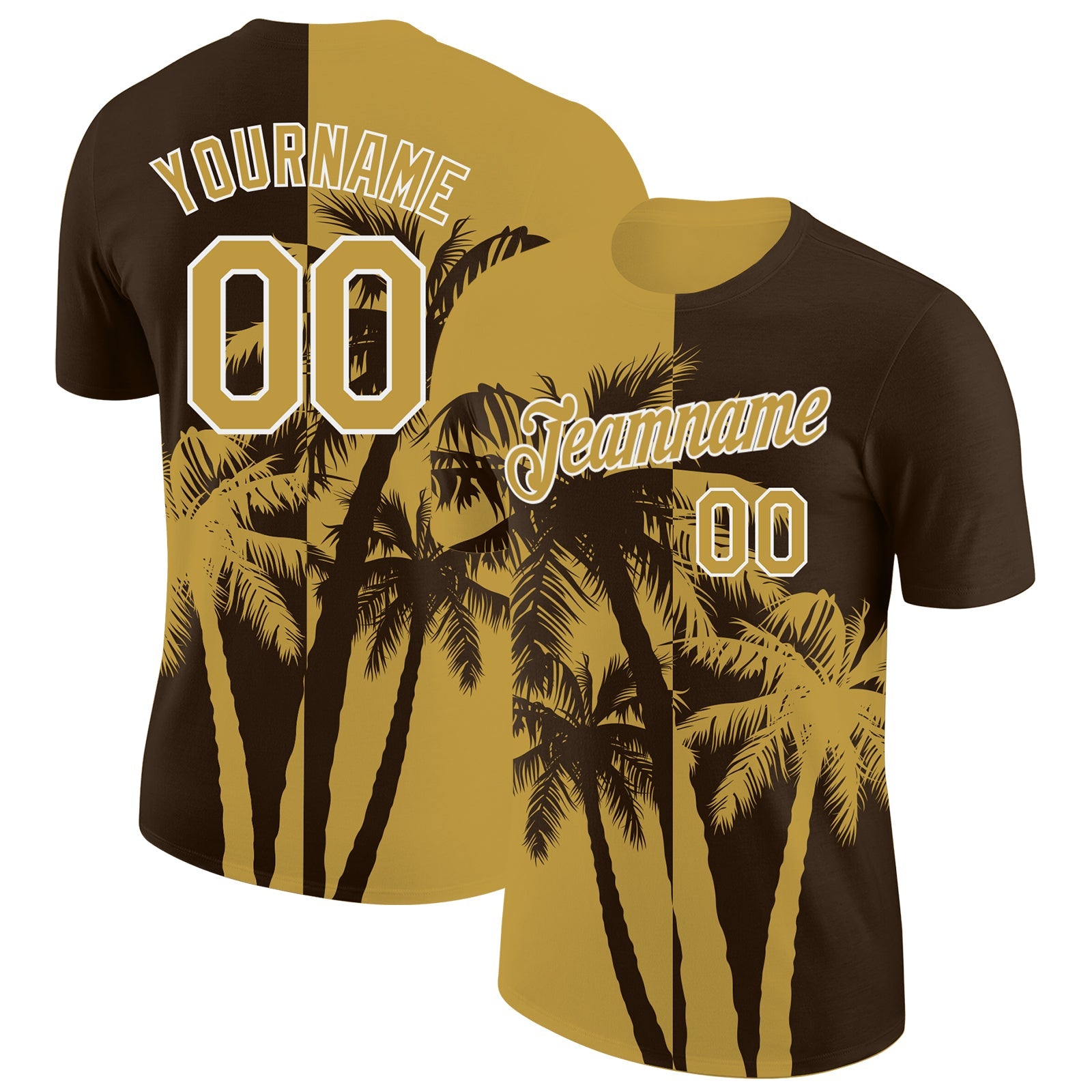 Custom Brown Old Gold-White Hawaii Tropical Coastal Palm Trees Performance T-Shirt - Main View