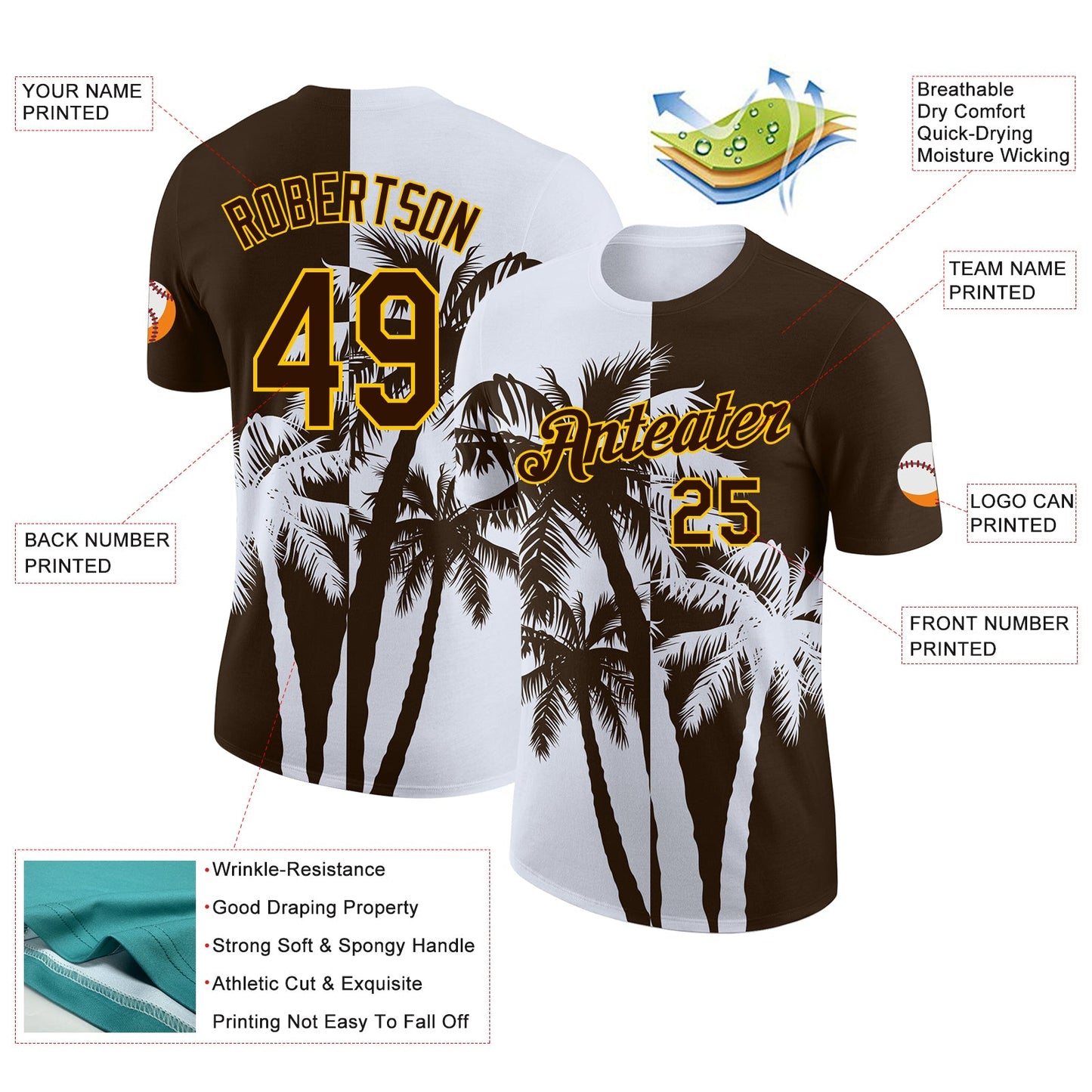 Custom Brown White-Yellow Hawaii Tropical Coastal Palm Trees Performance T-Shirt view 2