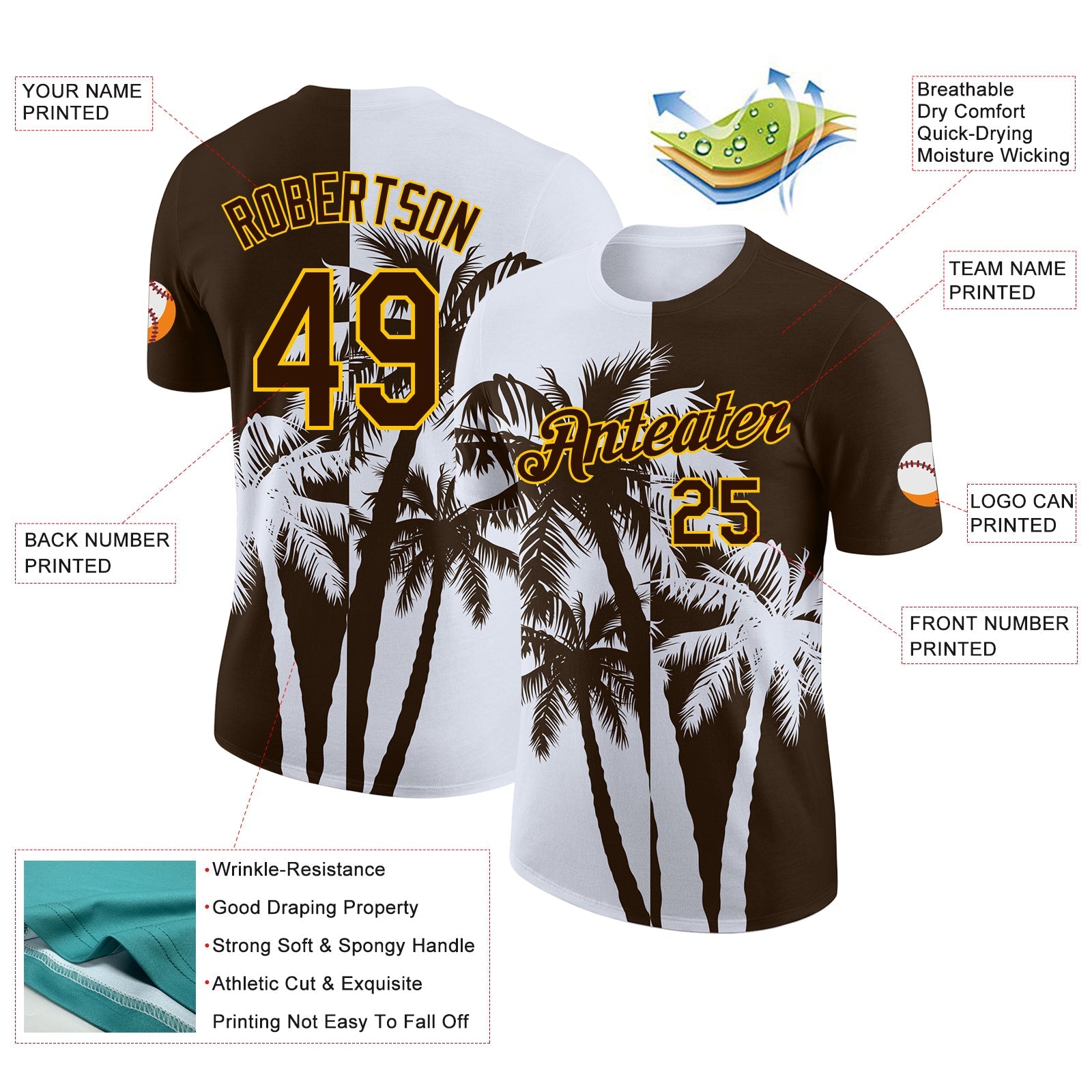 Custom Brown White-Yellow Hawaii Tropical Coastal Palm Trees Performance T-Shirt view 2
