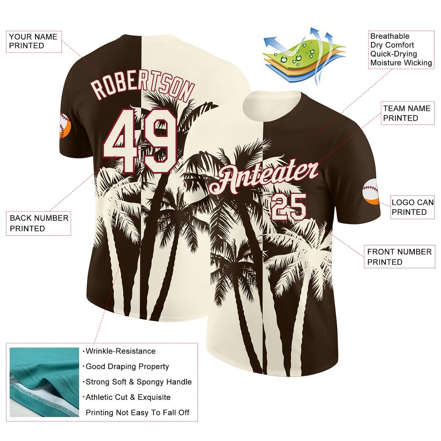 Custom Brown Cream-Crimson Hawaii Tropical Coastal Palm Trees Performance T-Shirt view 2