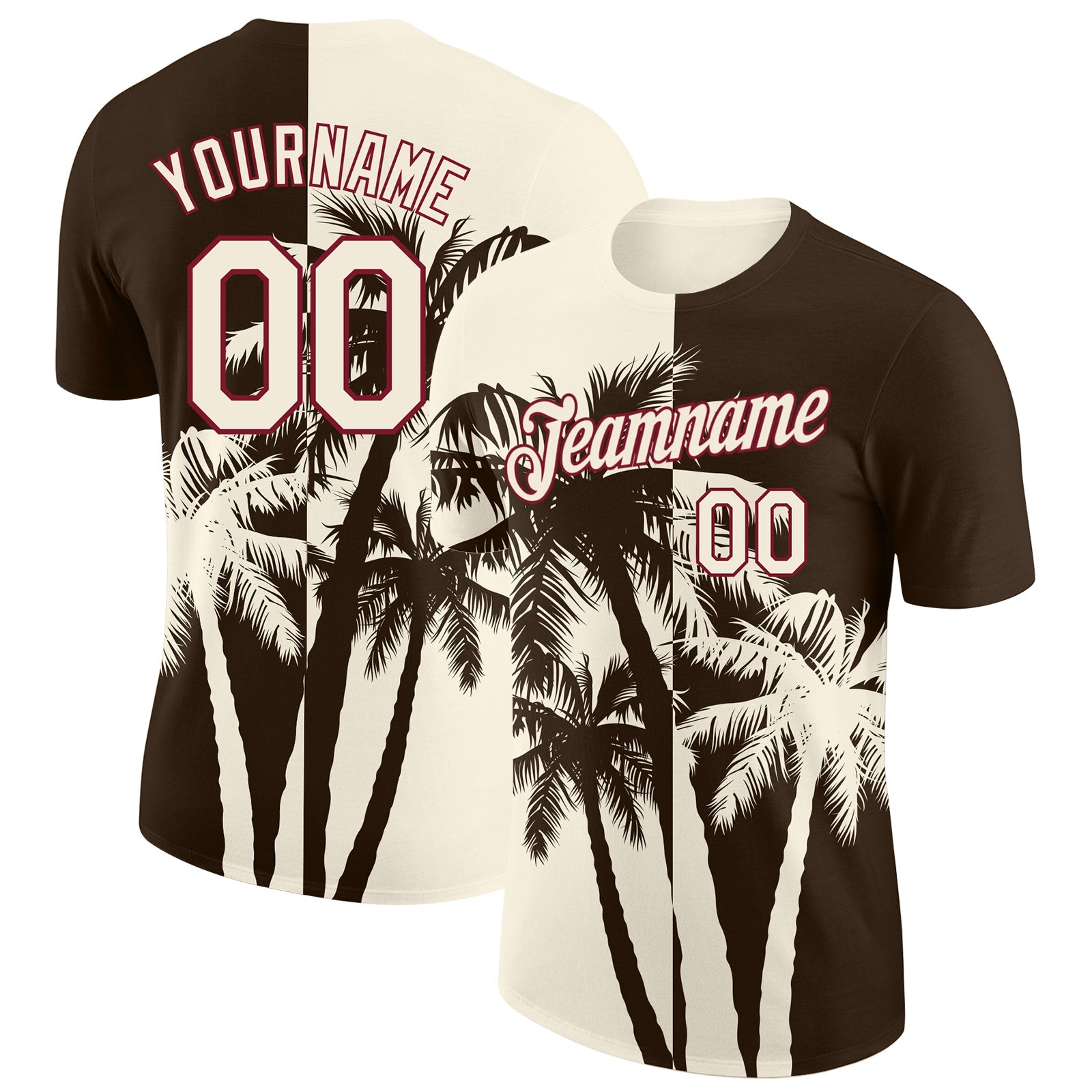 Custom Brown Cream-Crimson Hawaii Tropical Coastal Palm Trees Performance T-Shirt - Main View
