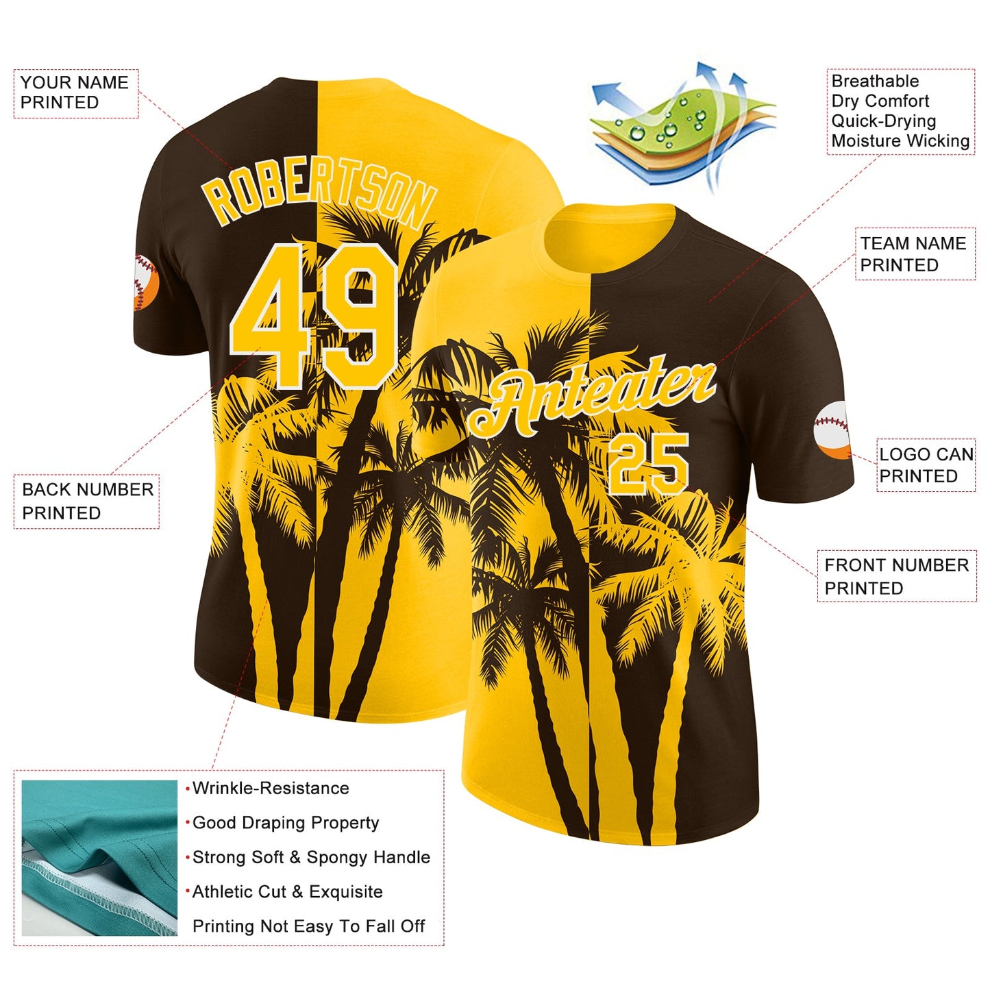 Custom Brown Yellow-White Hawaii Tropical Coastal Palm Trees Performance T-Shirt view 2