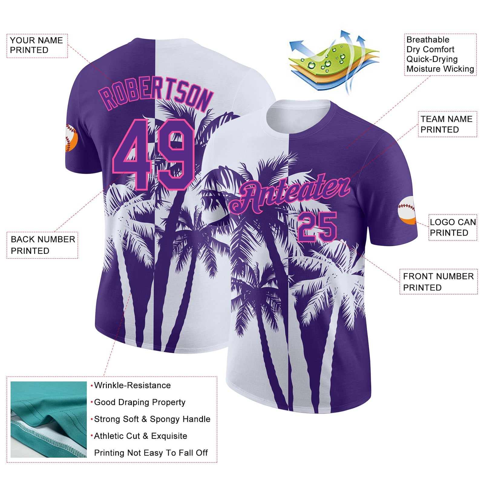 Custom Purple White-Pink Hawaii Tropical Coastal Palm Trees Performance T-Shirt view 2