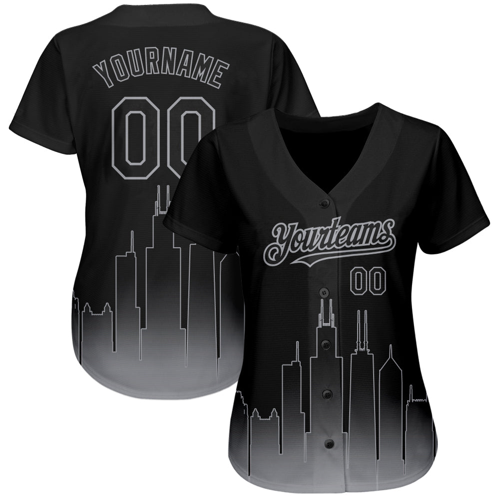 Custom Black Gray 3D Chicago City Edition Fade Fashion Authentic Baseball Jersey view 2