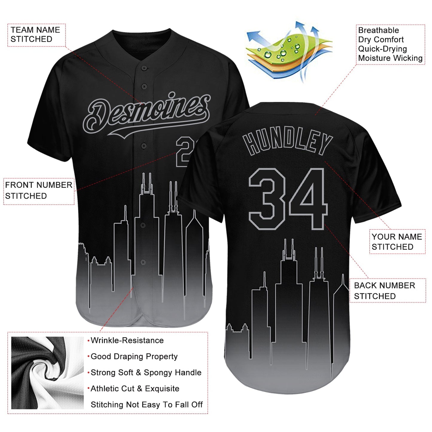 Custom Black Gray 3D Chicago City Edition Fade Fashion Authentic Baseball Jersey view 3