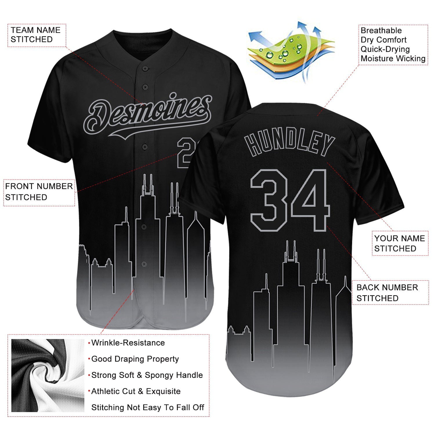 Custom Black Gray 3D Chicago City Edition Fade Fashion Authentic Baseball Jersey view 3