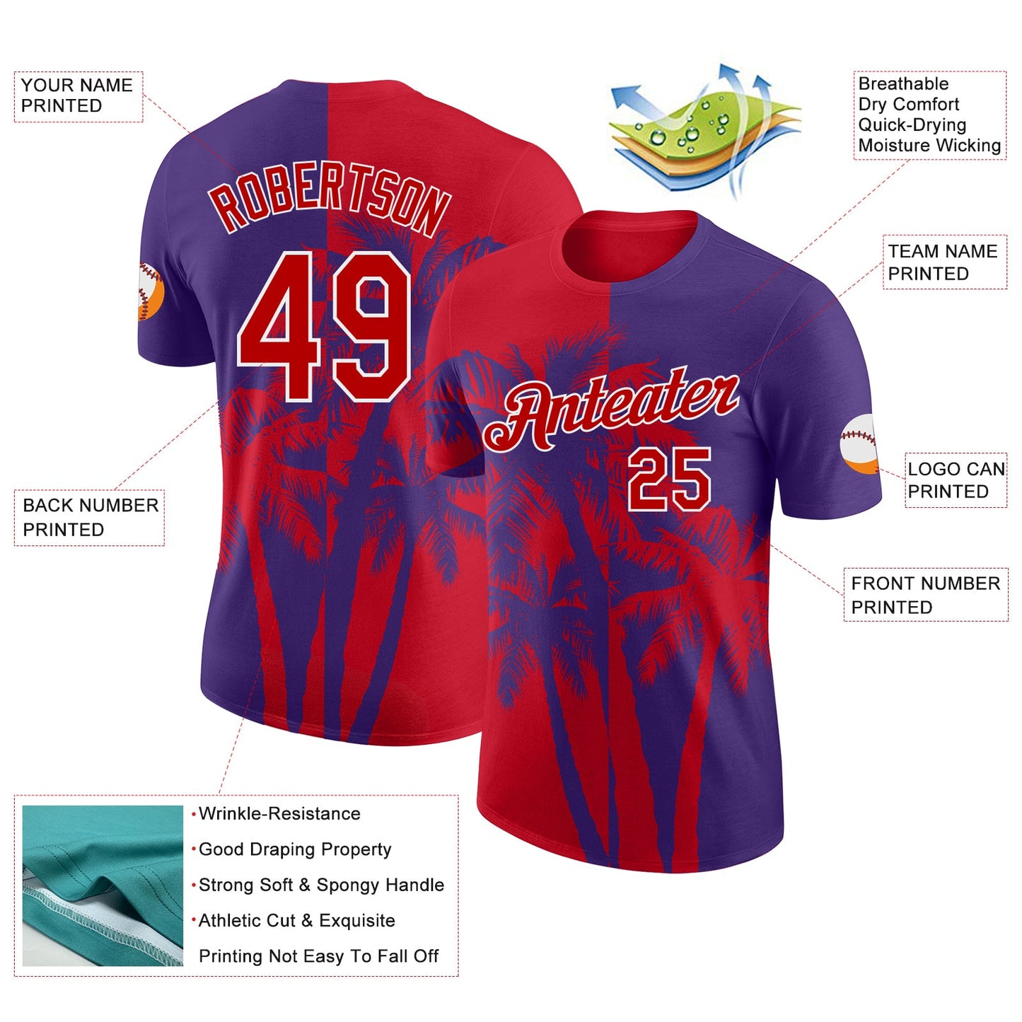 Custom Purple Red-White Hawaii Tropical Coastal Palm Trees Performance T-Shirt view 2