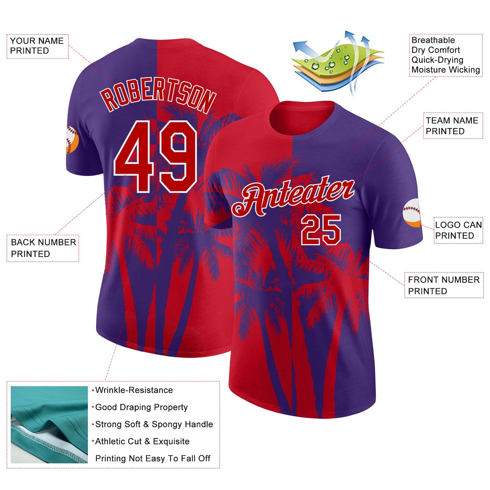 Custom Purple Red-White Hawaii Tropical Coastal Palm Trees Performance T-Shirt view 2
