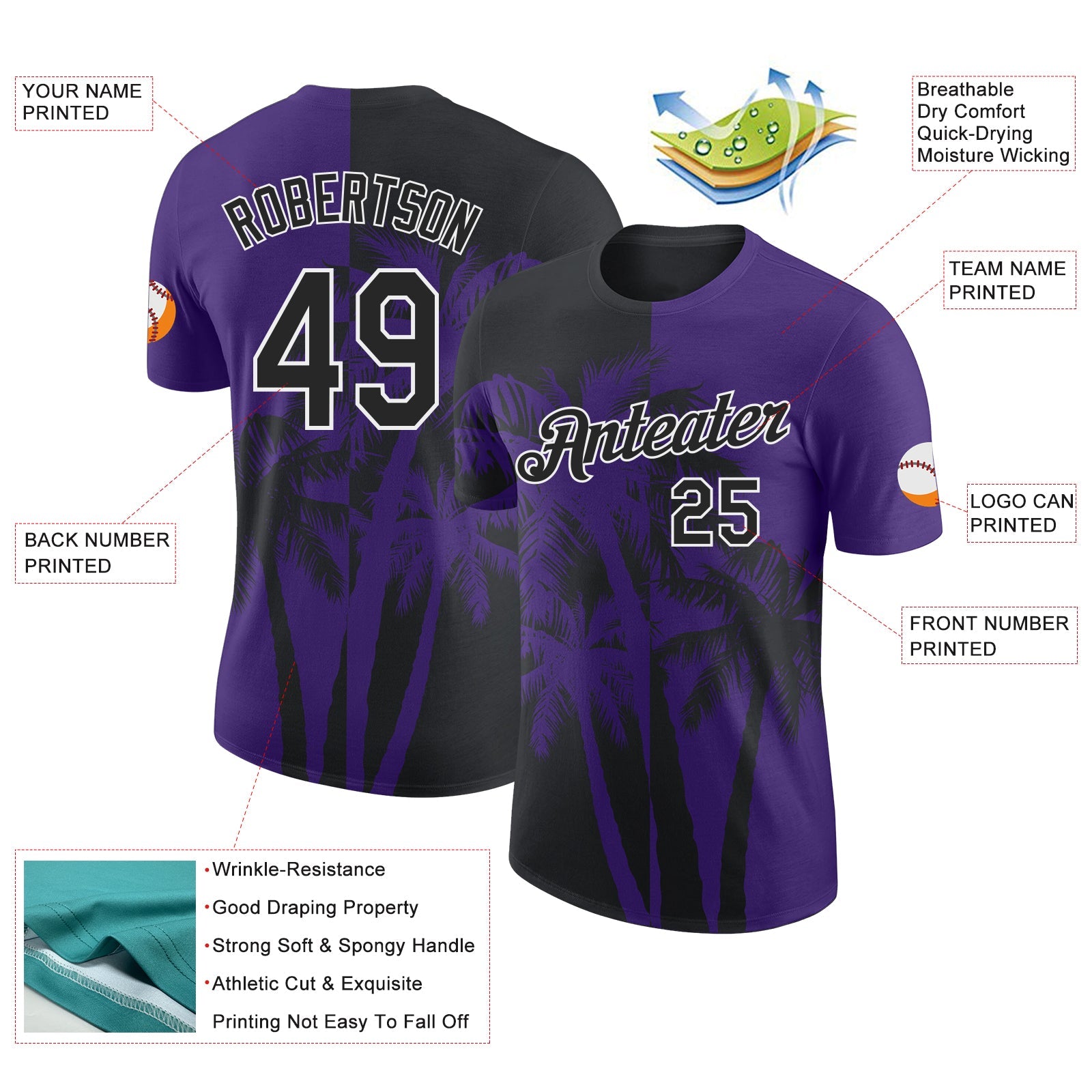 Custom Purple Black-White Hawaii Tropical Coastal Palm Trees Performance T-Shirt view 2
