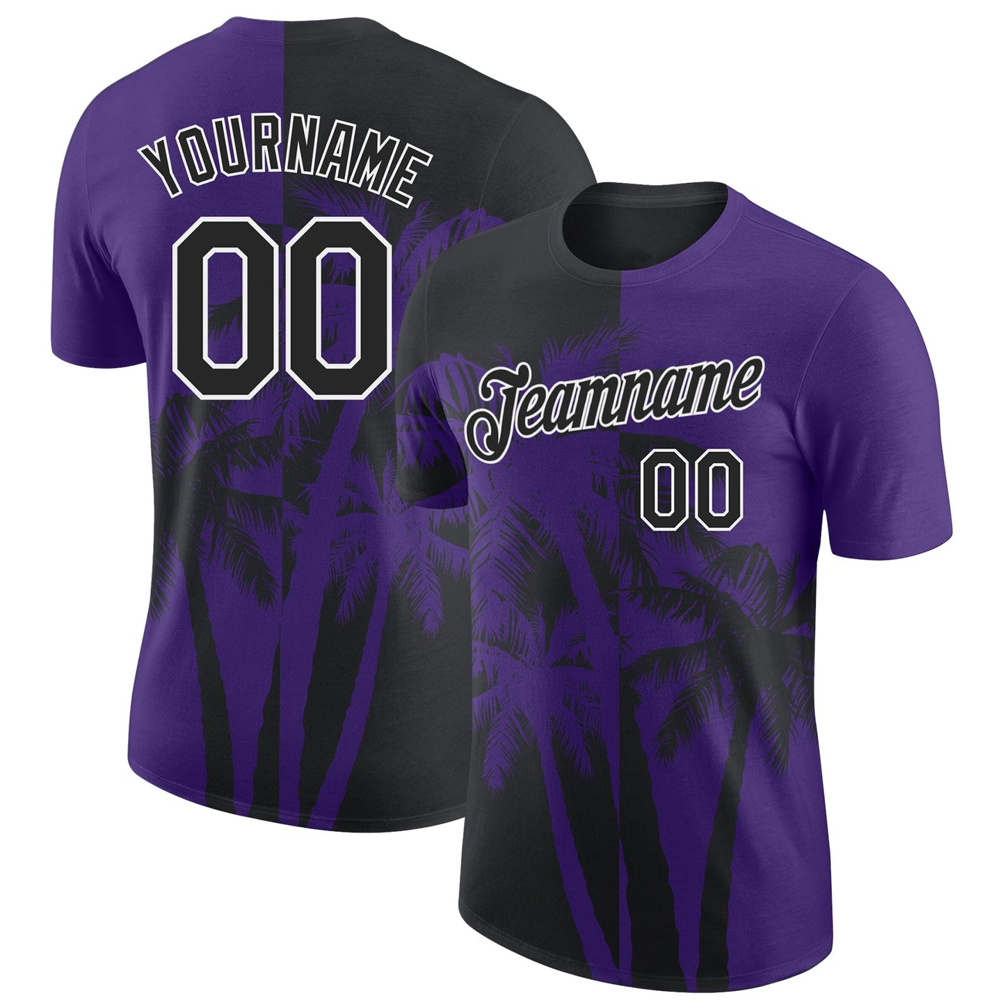 Custom Purple Black-White Hawaii Tropical Coastal Palm Trees Performance T-Shirt - Main View