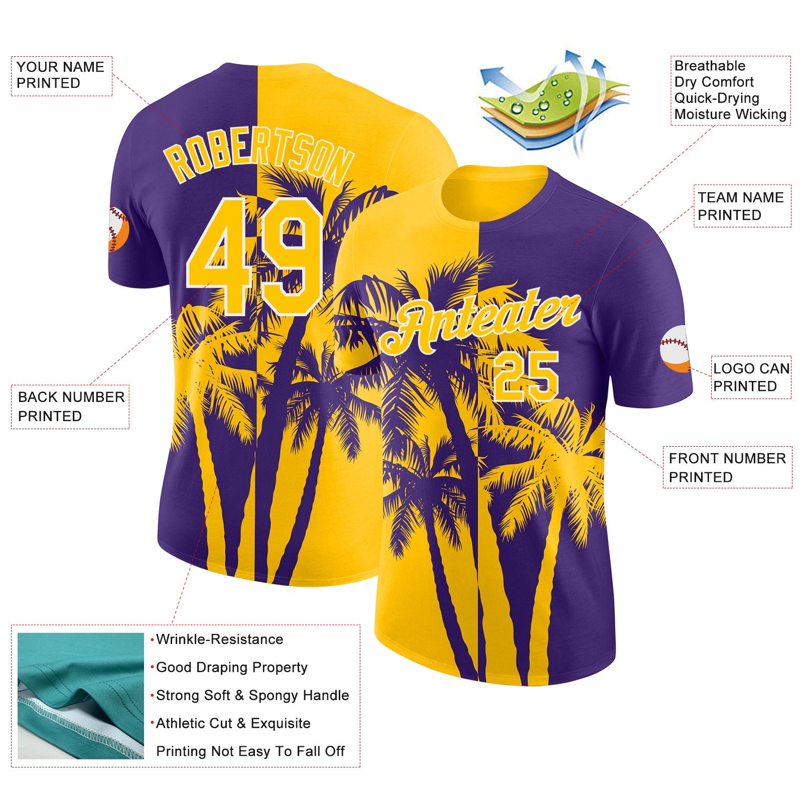 Custom Purple Yellow-White Hawaii Tropical Coastal Palm Trees Performance T-Shirt view 2