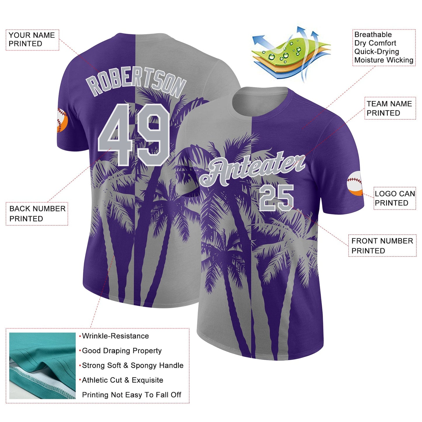 Custom Purple Gray-White Hawaii Tropical Coastal Palm Trees Performance T-Shirt view 2
