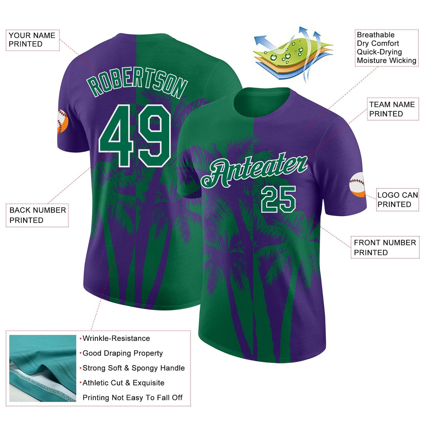 Custom Purple Kelly Green-White Hawaii Tropical Coastal Palm Trees Performance T-Shirt view 2