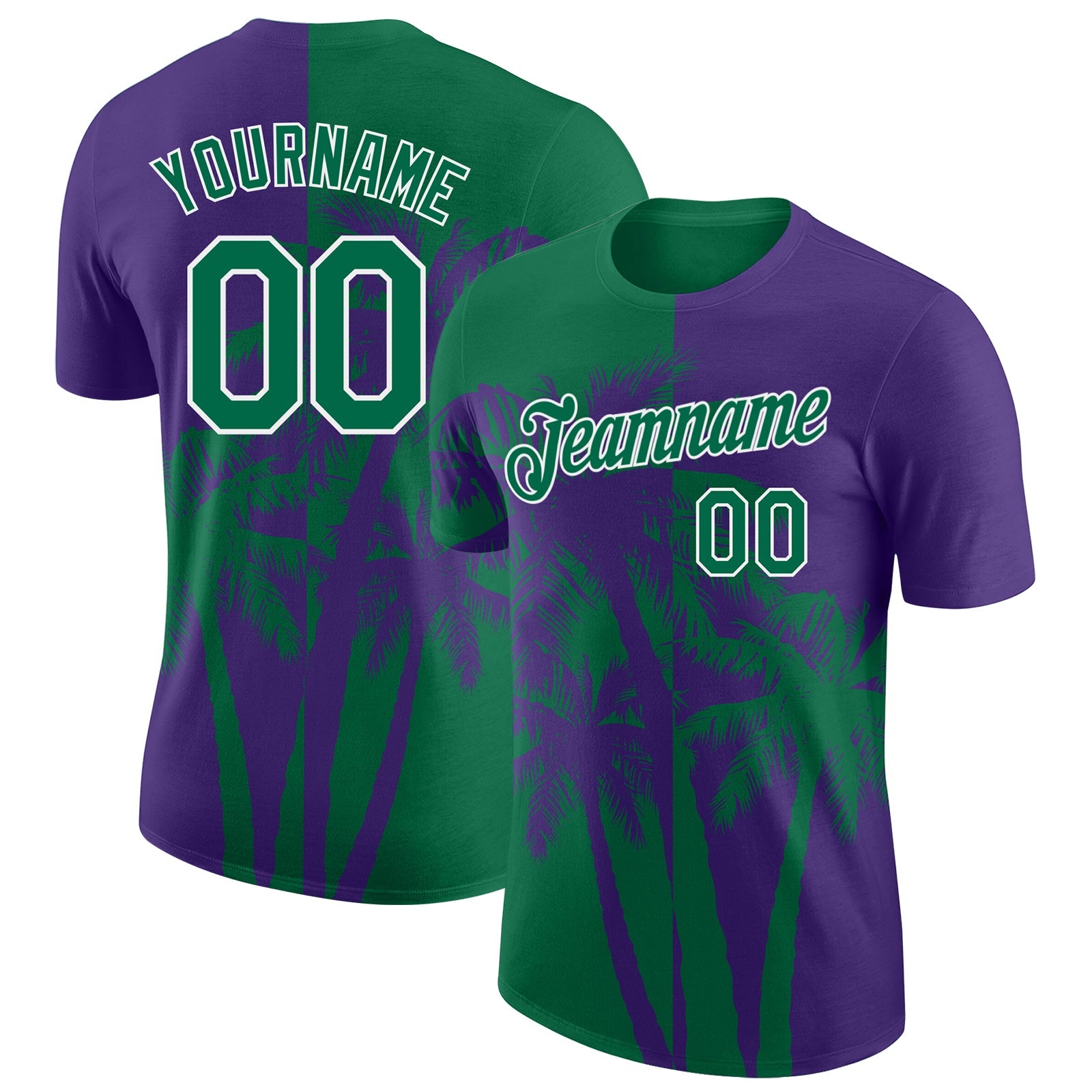 Custom Purple Kelly Green-White Hawaii Tropical Coastal Palm Trees Performance T-Shirt - Main View