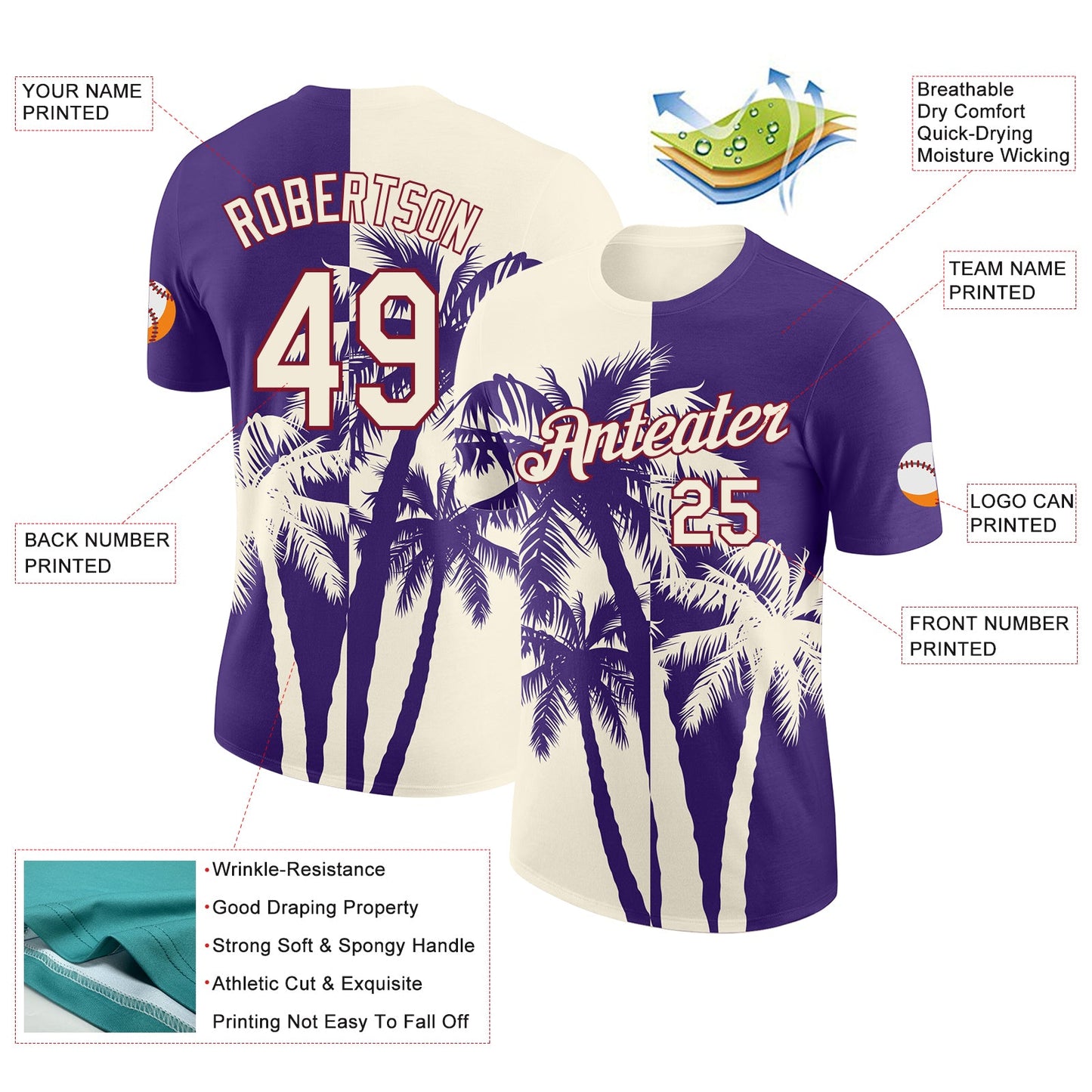 Custom Purple Cream-Crimson Hawaii Tropical Coastal Palm Trees Performance T-Shirt view 2