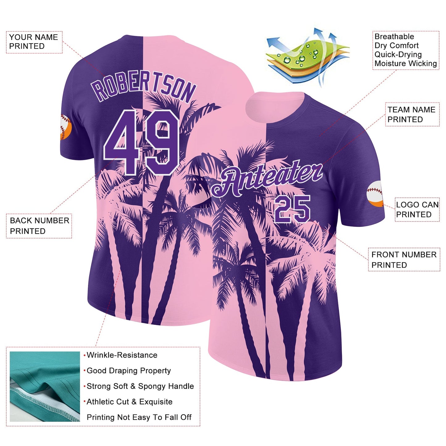 Custom Purple Light Pink-White Hawaii Tropical Coastal Palm Trees Performance T-Shirt view 2