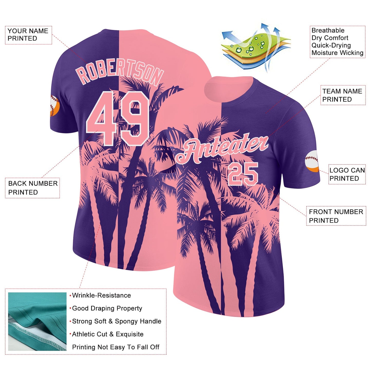 Custom Purple Medium Pink-White Hawaii Tropical Coastal Palm Trees Performance T-Shirt view 2