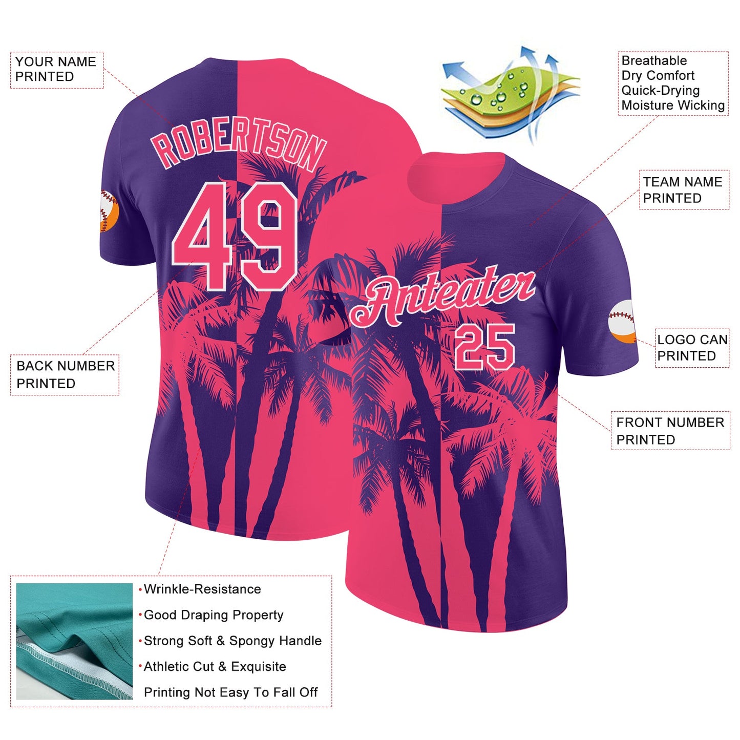 Custom Purple Neon Pink-White Hawaii Tropical Coastal Palm Trees Performance T-Shirt view 2