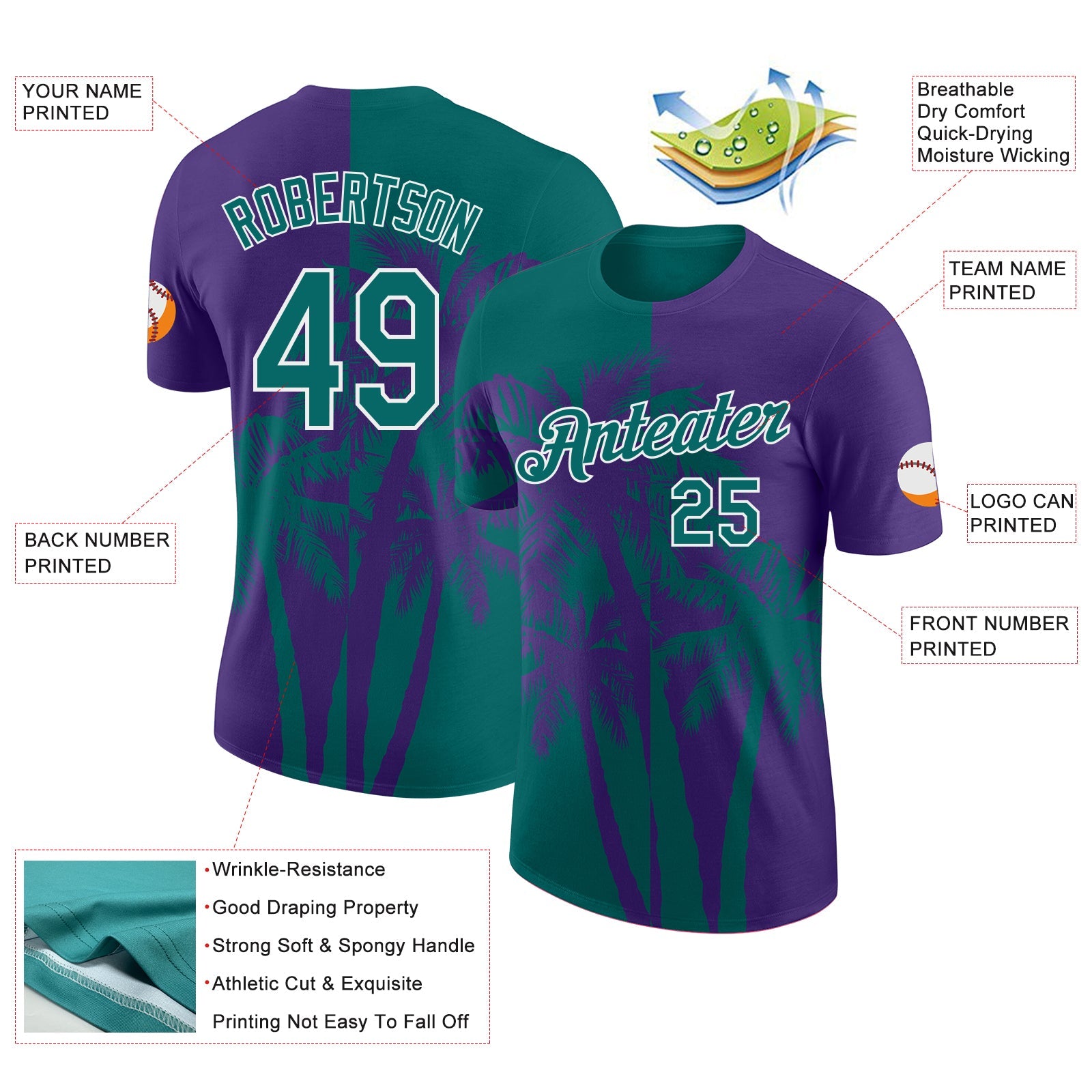 Custom Purple Teal-White Hawaii Tropical Coastal Palm Trees Performance T-Shirt view 2