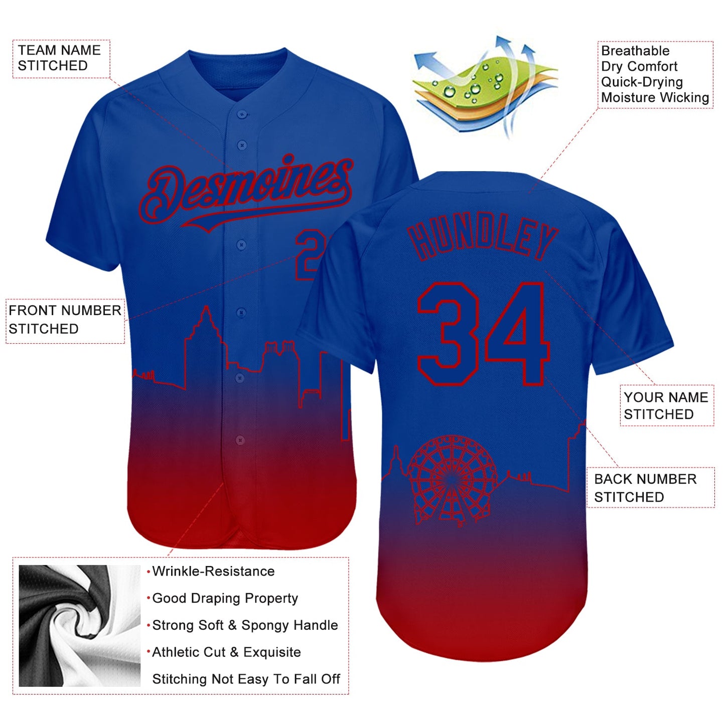 Custom Royal Red 3D Atlanta City Edition Fade Fashion Authentic Baseball Jersey view 3