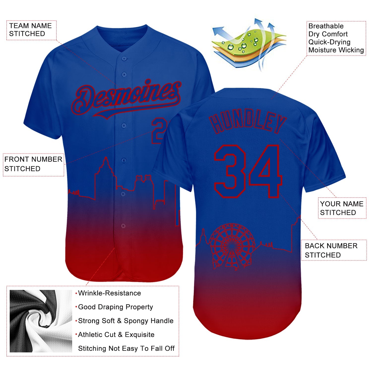 Custom Royal Red 3D Atlanta City Edition Fade Fashion Authentic Baseball Jersey view 3