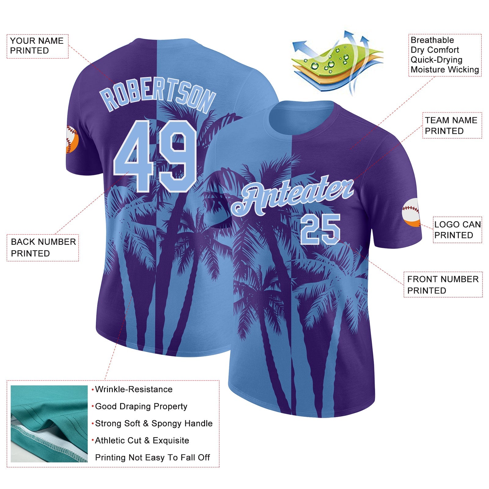 Custom Purple Light Blue-White Hawaii Tropical Coastal Palm Trees Performance T-Shirt view 2
