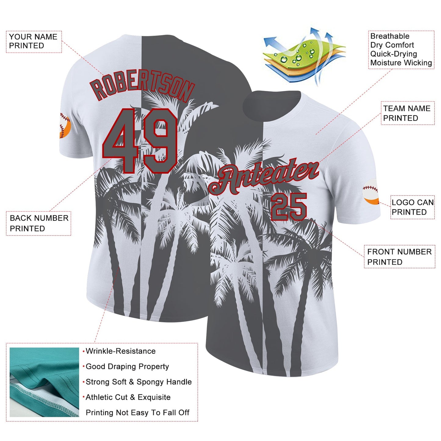 Custom White Steel Gray-Red Hawaii Tropical Coastal Palm Trees Performance T-Shirt view 2
