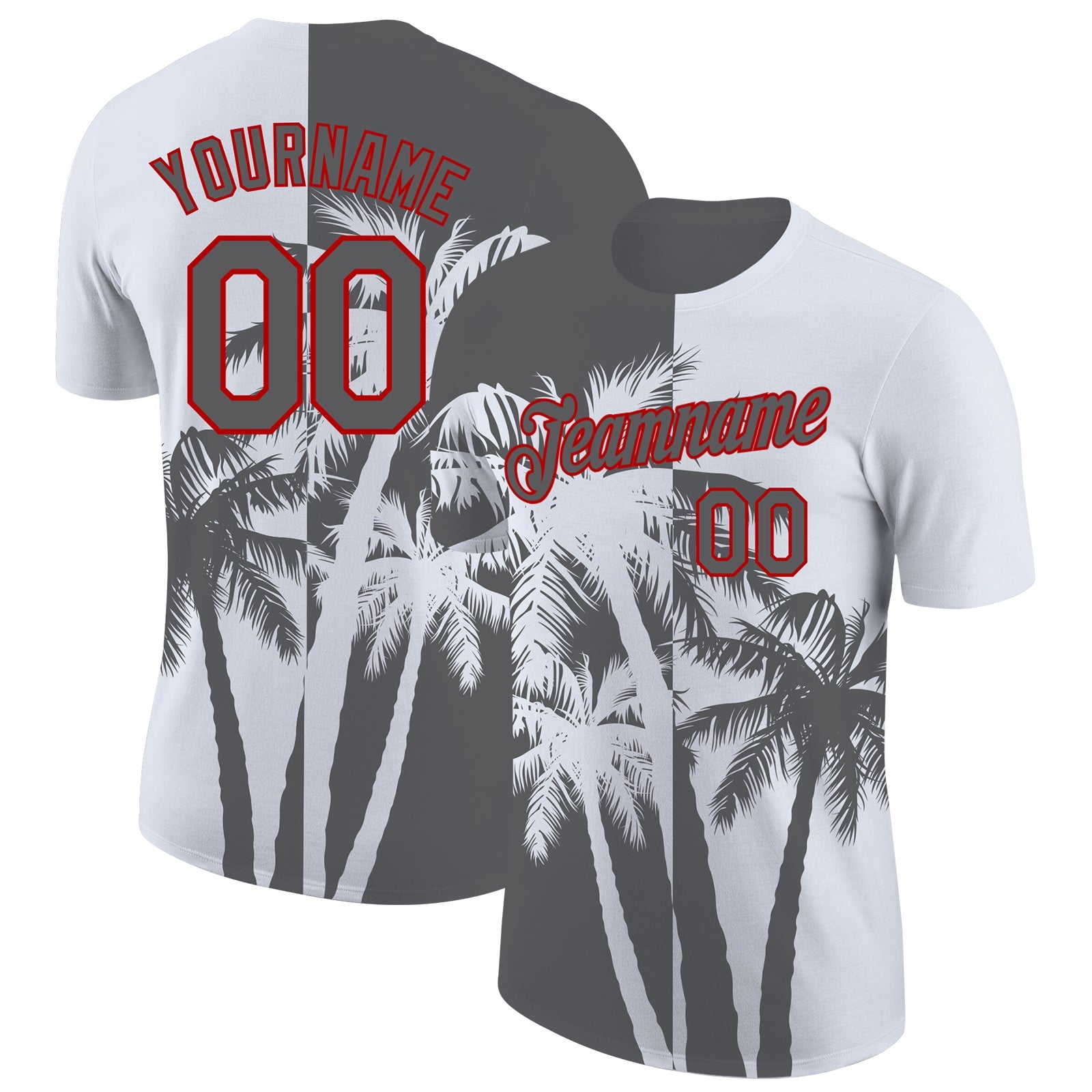 Custom White Steel Gray-Red Hawaii Tropical Coastal Palm Trees Performance T-Shirt - Main View