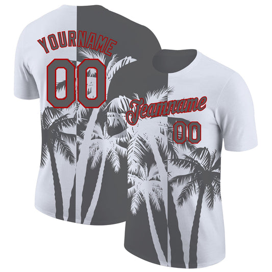 Custom White Steel Gray-Red Hawaii Tropical Coastal Palm Trees Performance T-Shirt - Main View