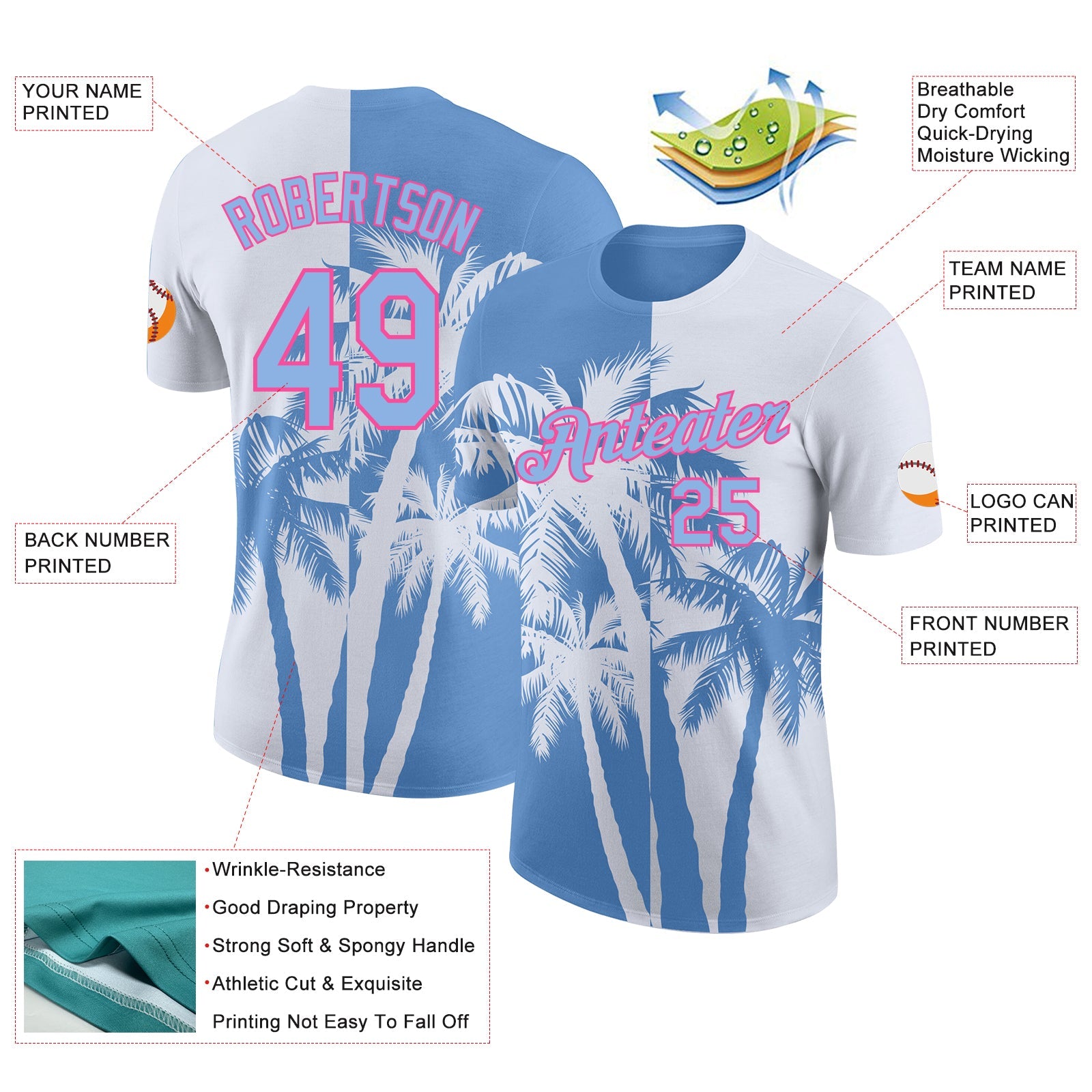 Custom White Light Blue-Pink Hawaii Tropical Coastal Palm Trees Performance T-Shirt view 2
