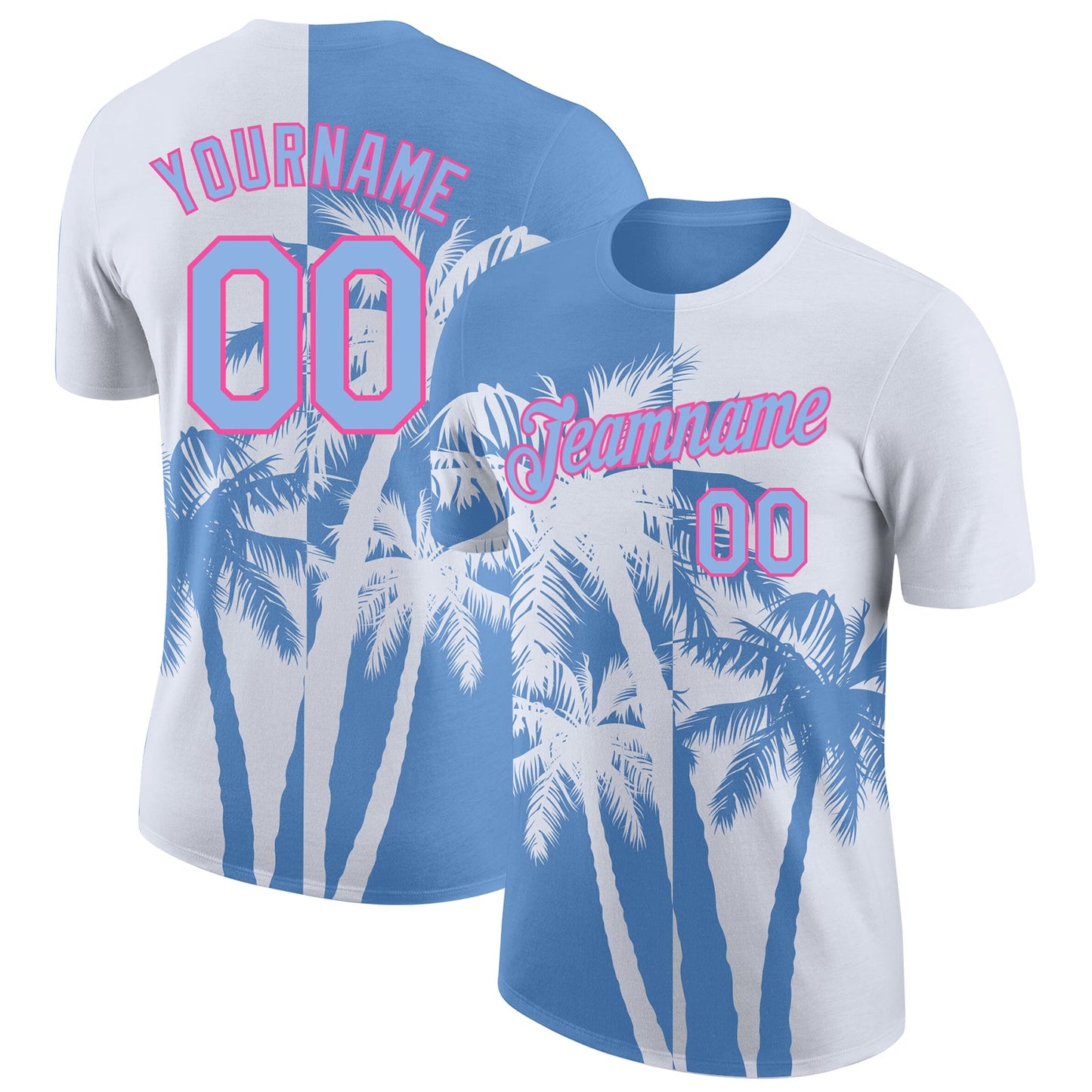 Custom White Light Blue-Pink Hawaii Tropical Coastal Palm Trees Performance T-Shirt - Main View