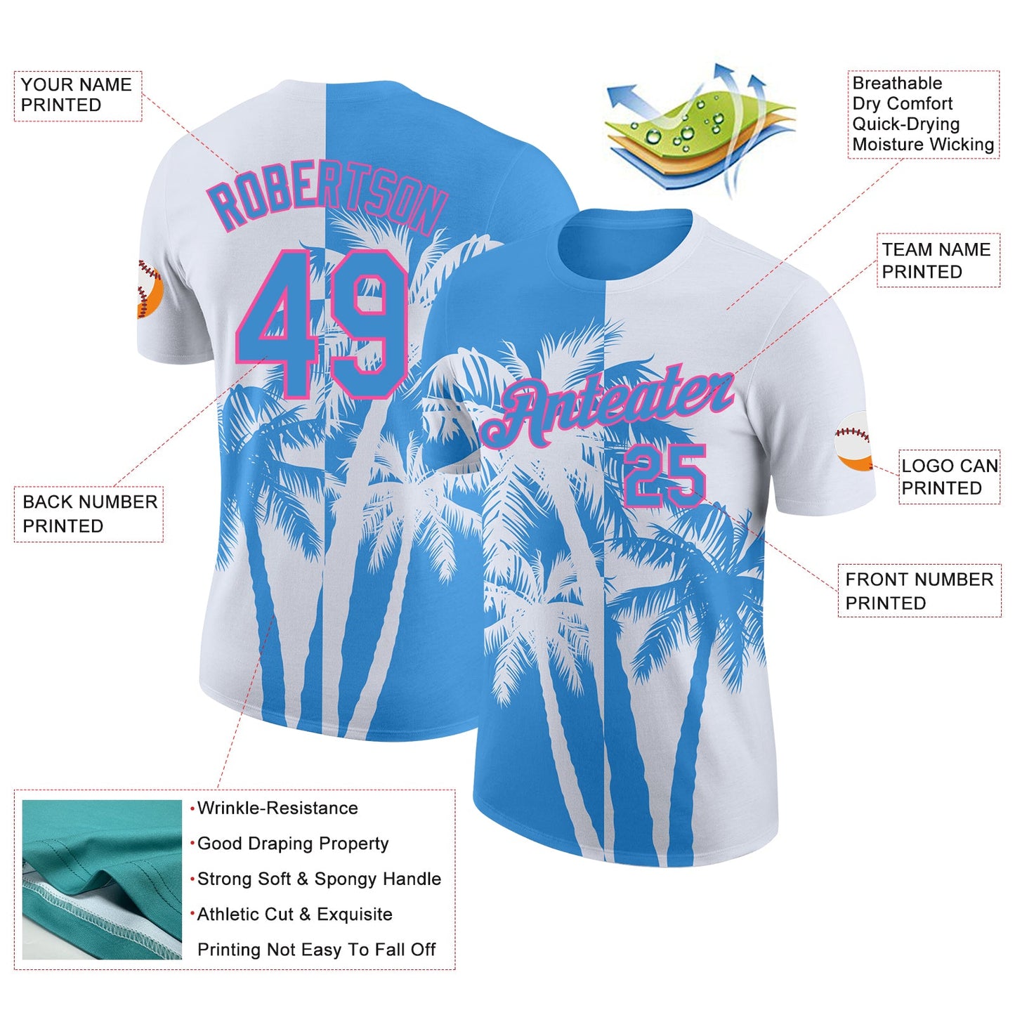 Custom White Powder Blue-Pink Hawaii Tropical Coastal Palm Trees Performance T-Shirt view 2