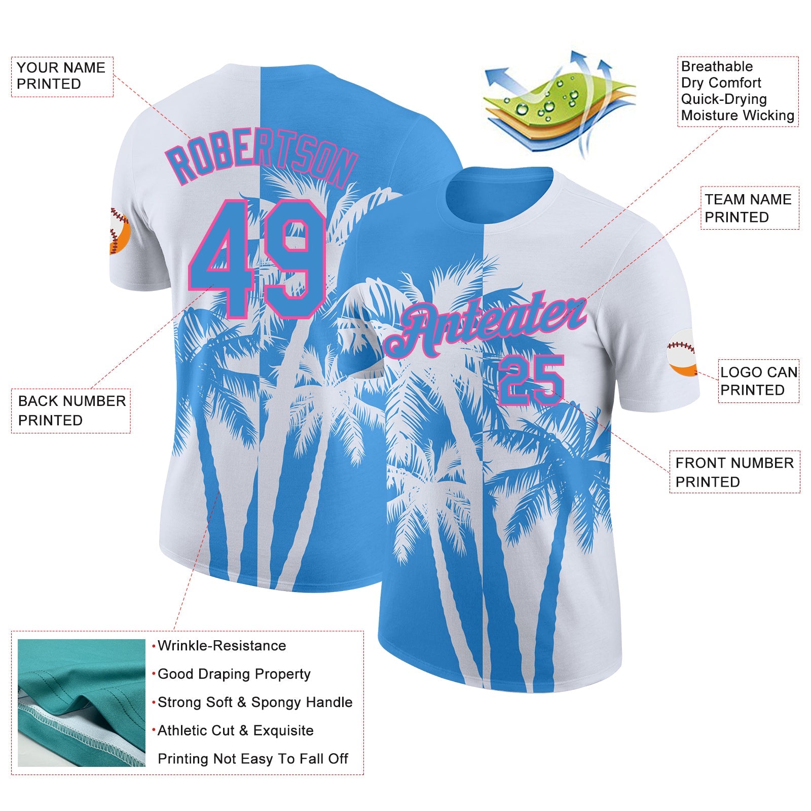 Custom White Powder Blue-Pink Hawaii Tropical Coastal Palm Trees Performance T-Shirt view 2