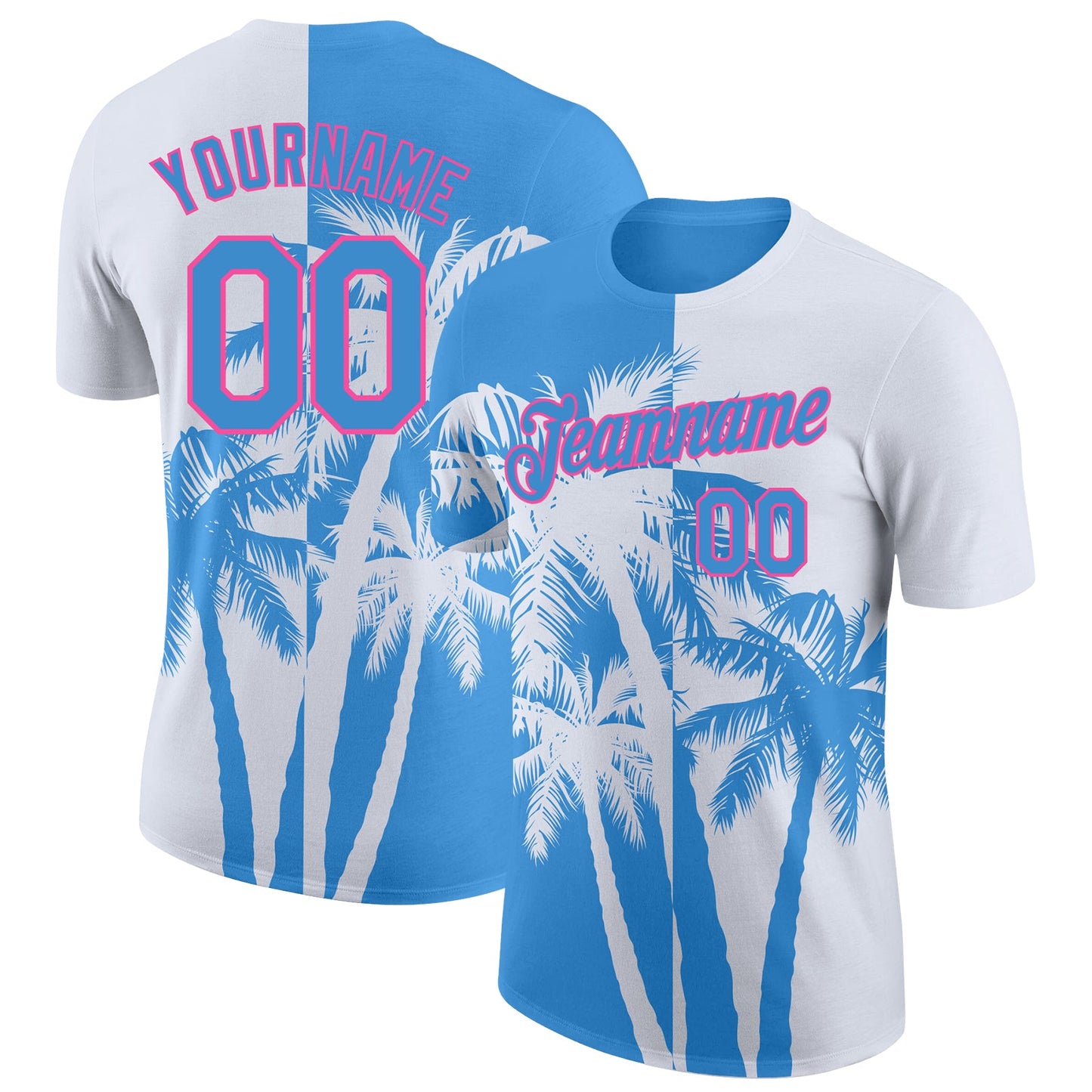 Custom White Powder Blue-Pink Hawaii Tropical Coastal Palm Trees Performance T-Shirt - Main View