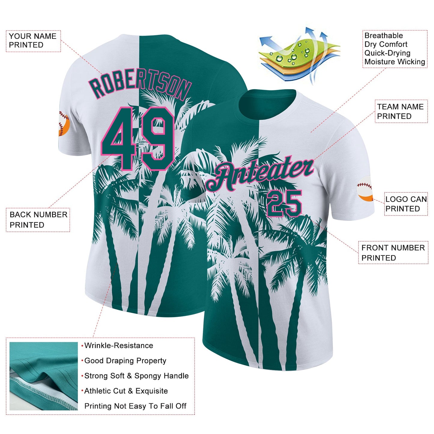 Custom White Teal-Pink Hawaii Tropical Coastal Palm Trees Performance T-Shirt view 2