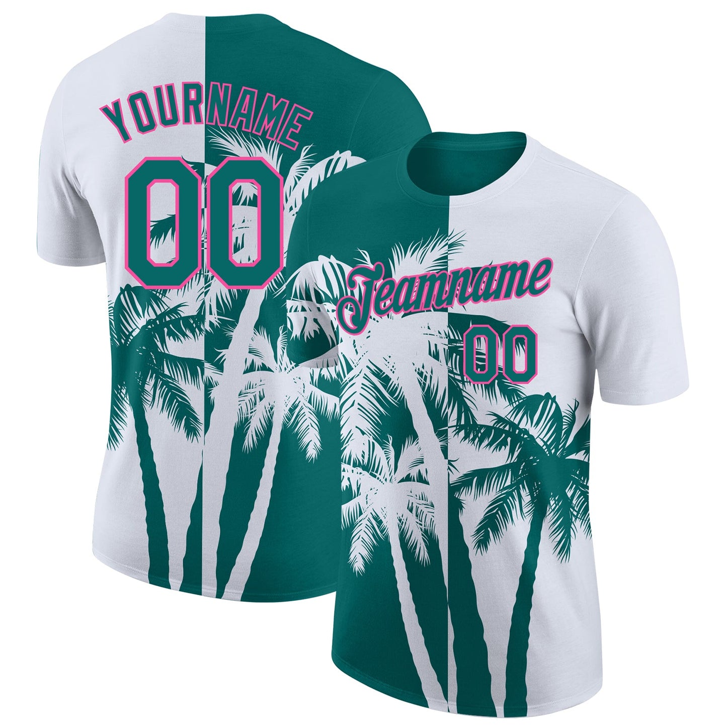 Custom White Teal-Pink Hawaii Tropical Coastal Palm Trees Performance T-Shirt - Main View