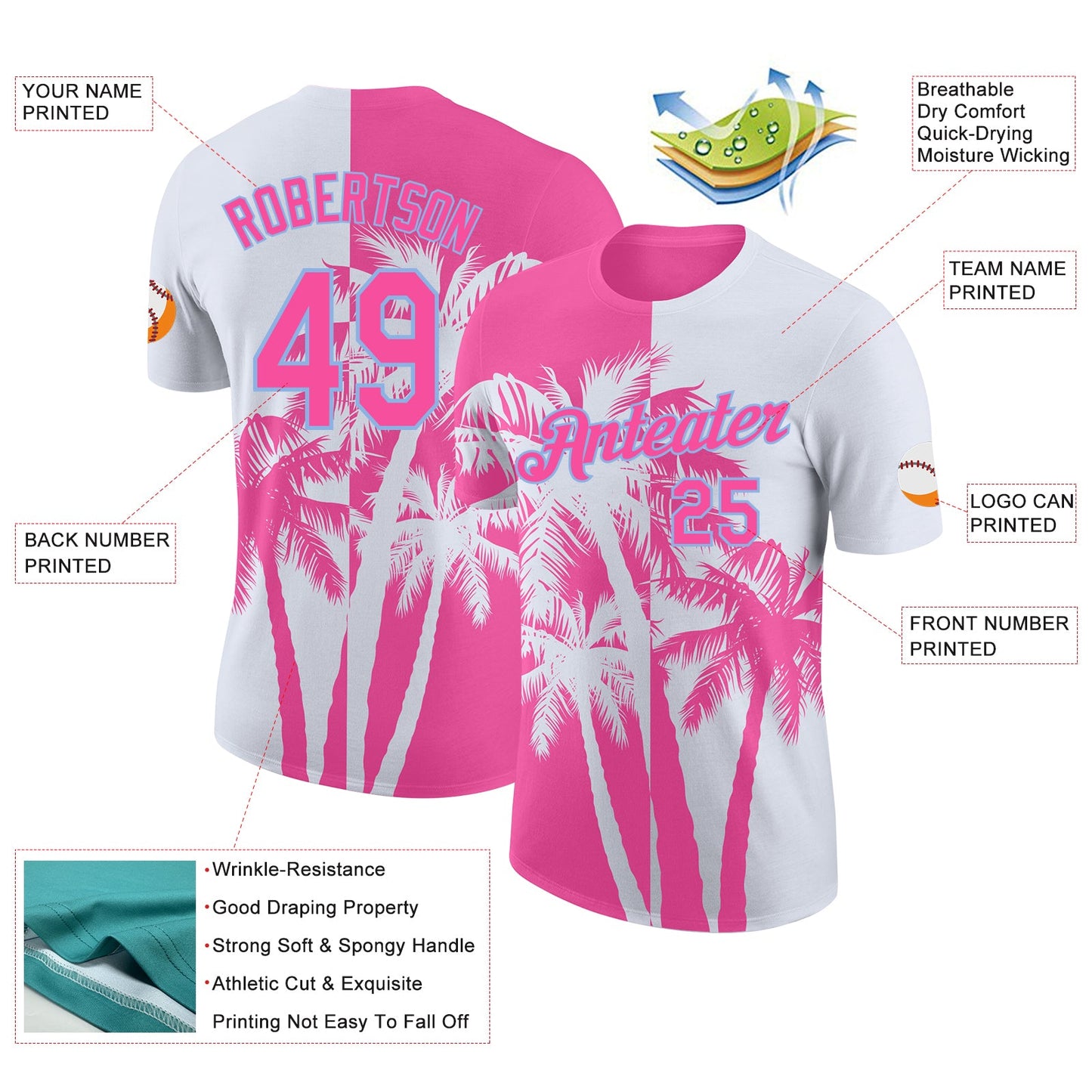 Custom White Pink-Light Blue Hawaii Tropical Coastal Palm Trees Performance T-Shirt view 2